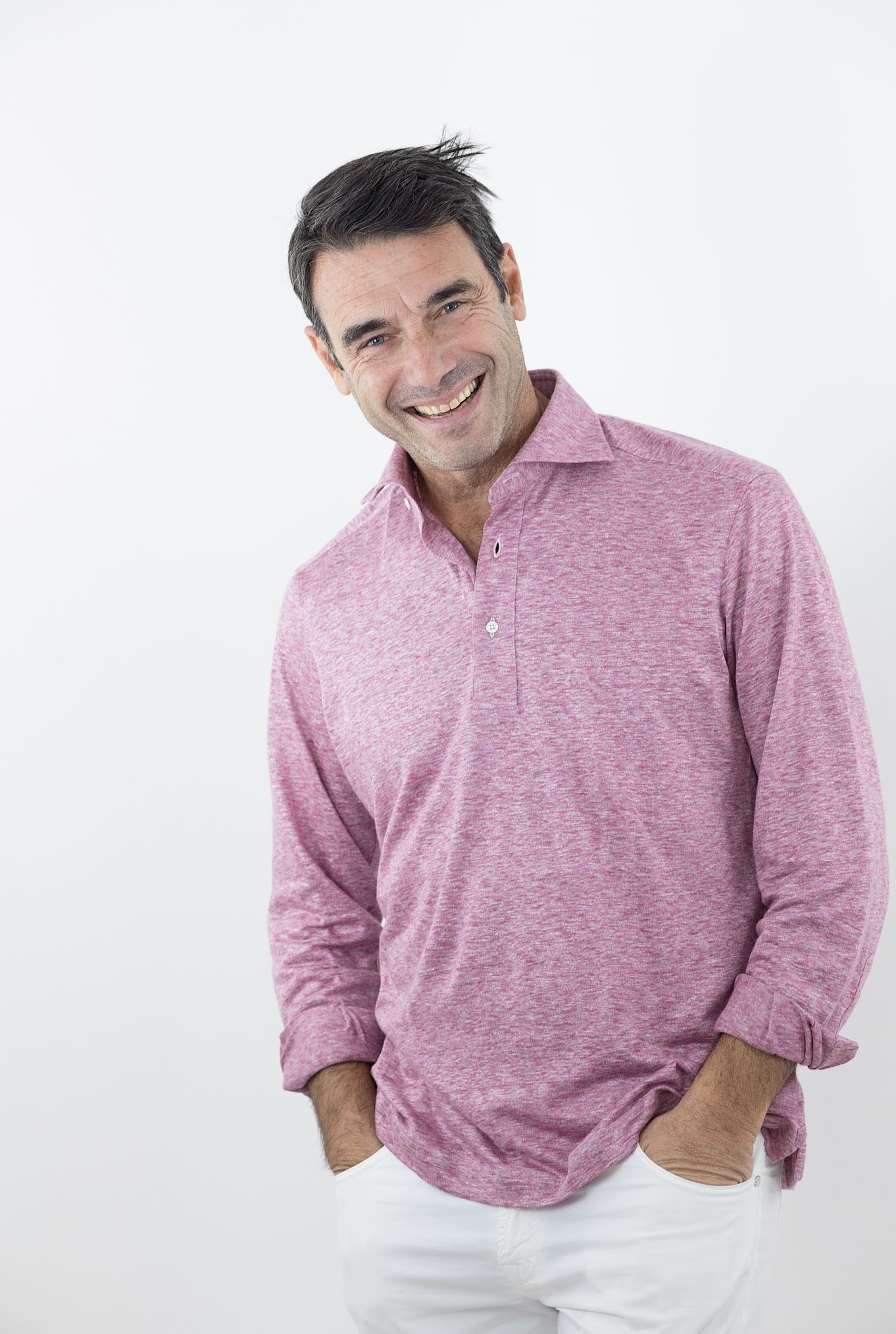 FRAY Polo in Lino Maniche Lunghe Corallo - Guarino Store