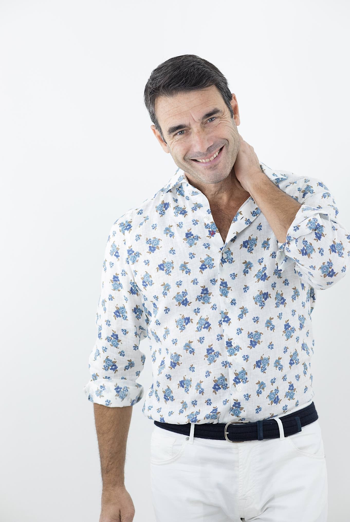 ISAIA Camicia Fantasia Lino Bianca/Blu/Marrone - Guarino Store