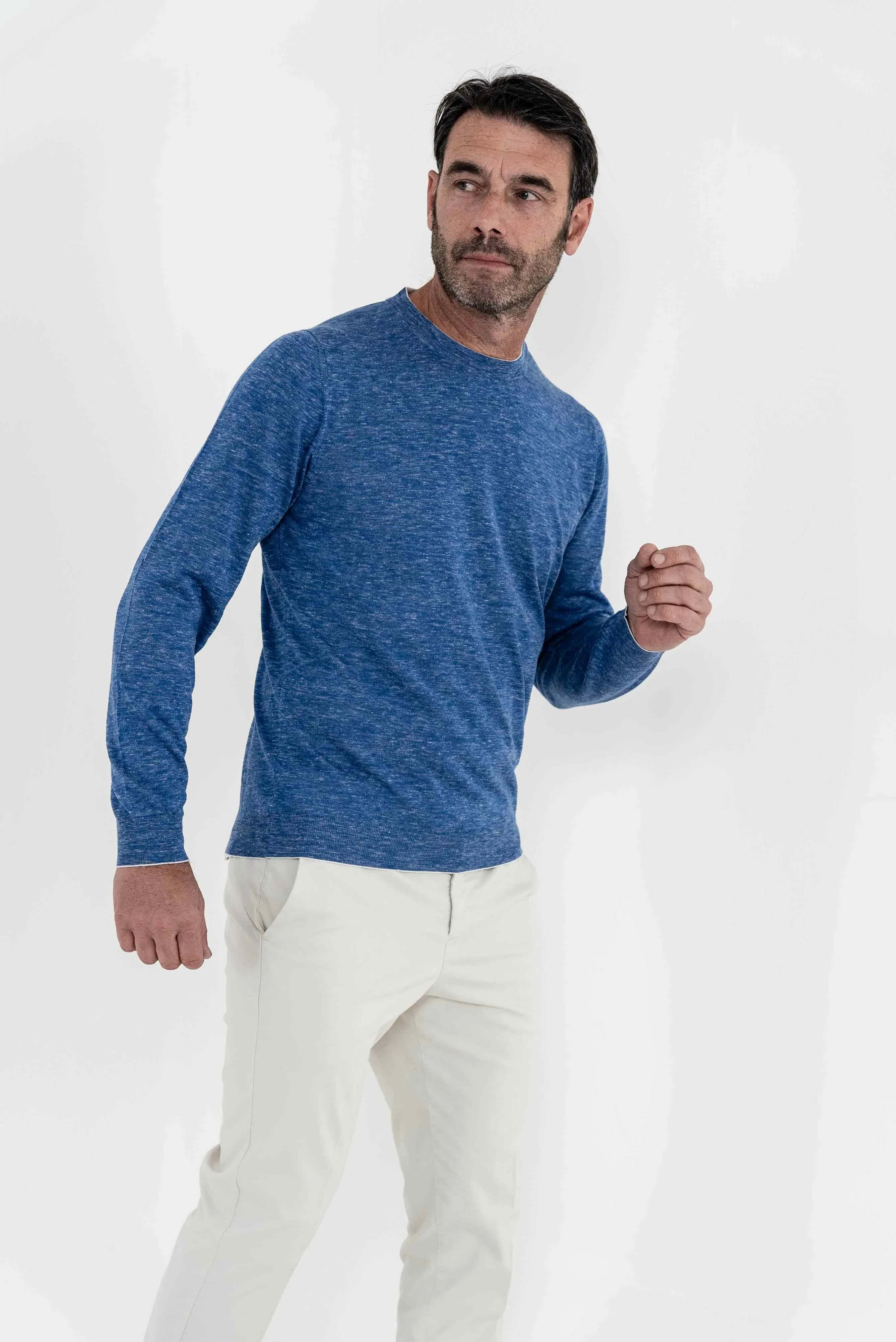 Girocollo Seta e Lino Manica Lunga Azzurro Mélange - Guarino Store