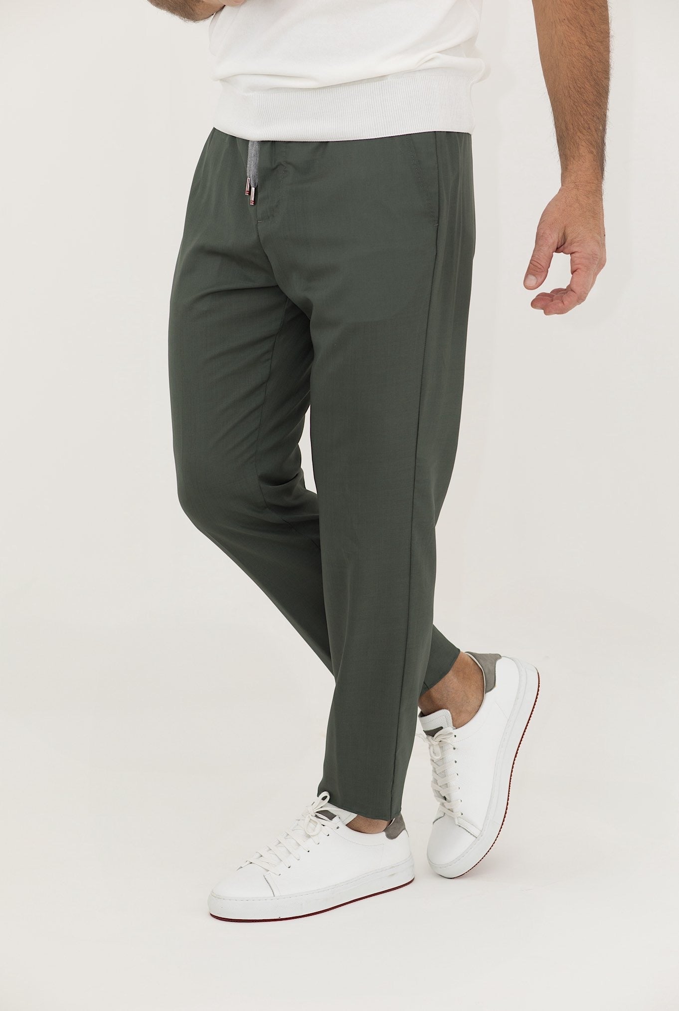 Pantaloni con Coulisse Lana e Seta Verde Oliva - Guarino Store