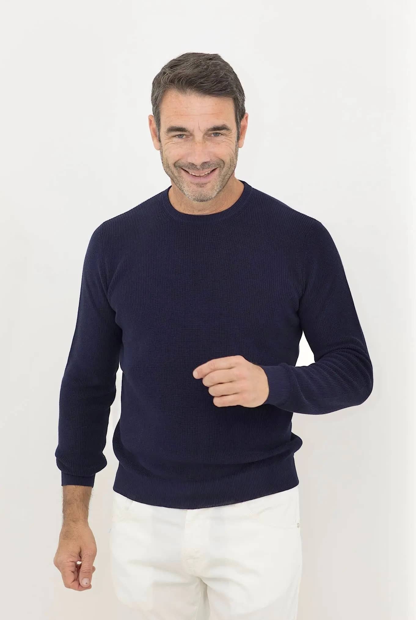 Girocollo ML Cotone Crepe a Costine Blu Navy - Guarino Store