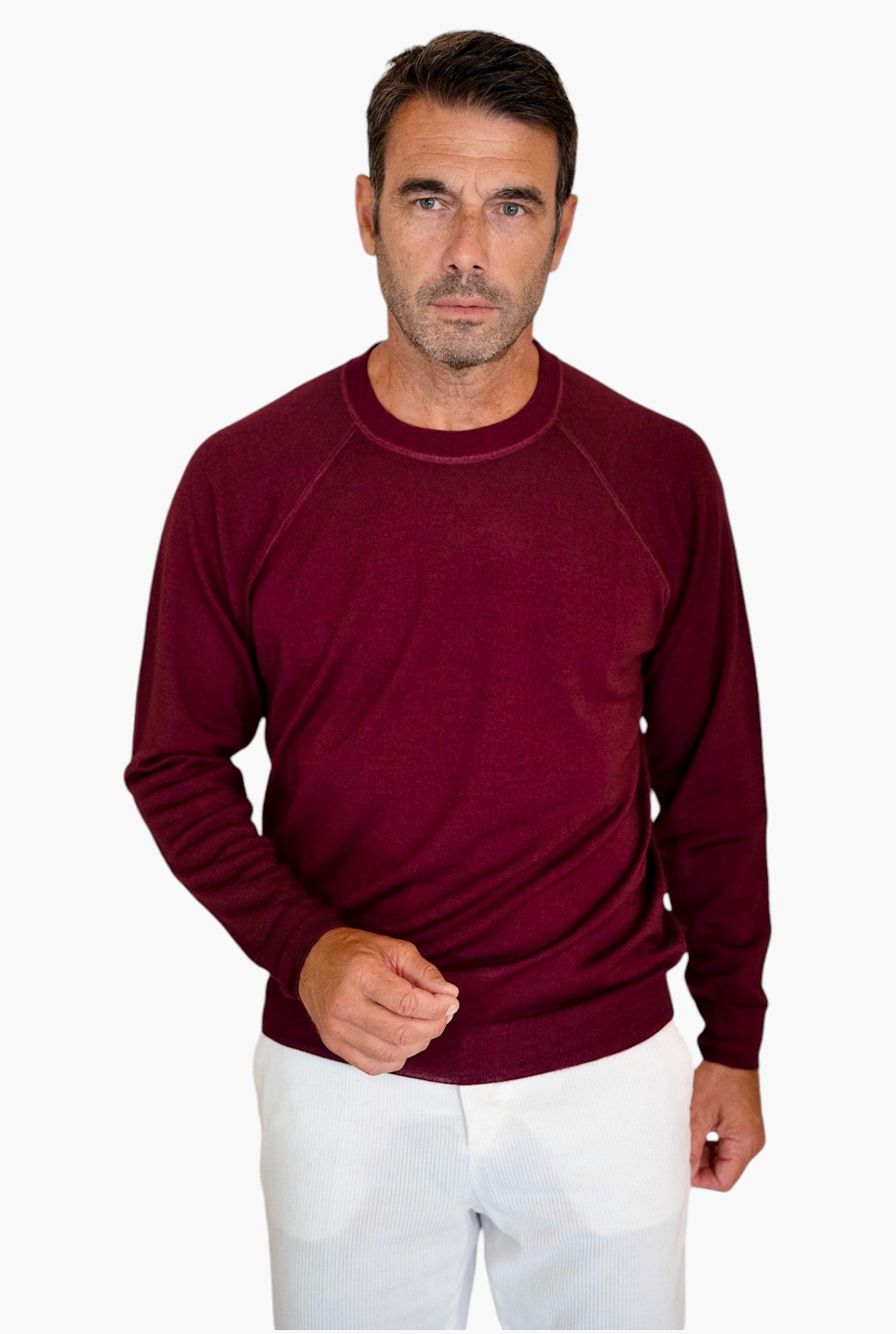 Girocollo Maniche Raglan Lana Merinos Bordeaux Washed - Guarino Store