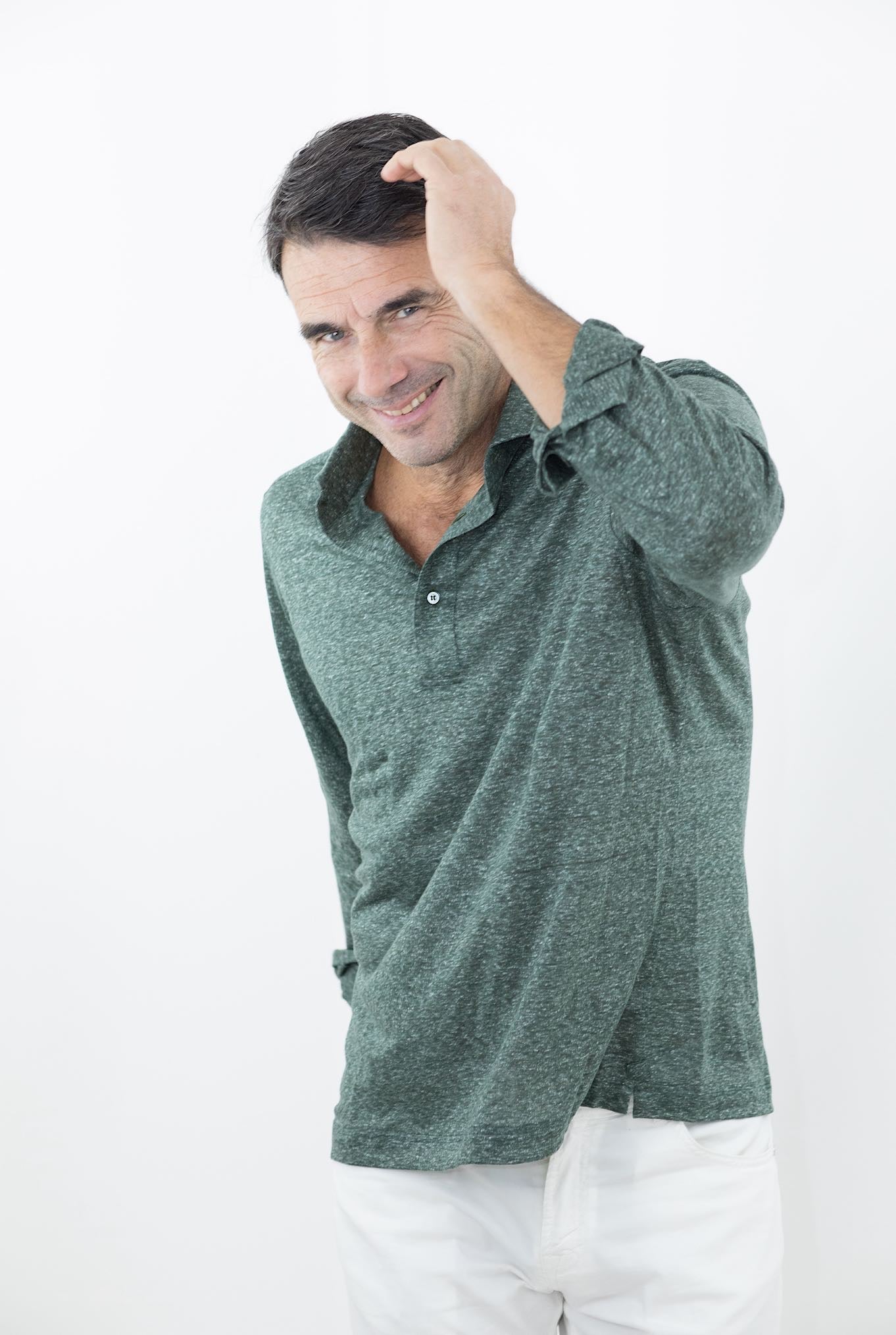 FRAY Polo in Lino Maniche Lunghe Verde - Guarino Store