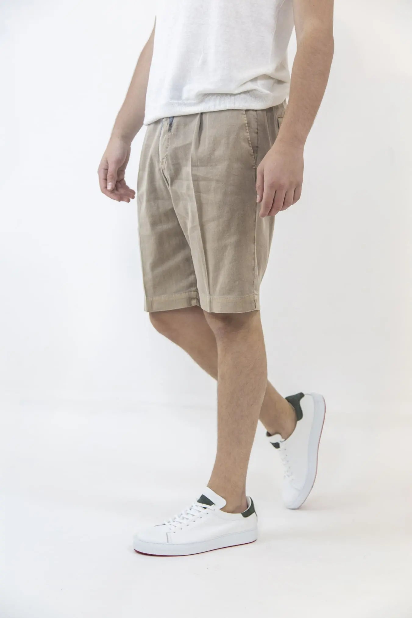 PT Bermuda con Pinces e Coulisse Removibile Lino e Cotone Beige - Guarino Store