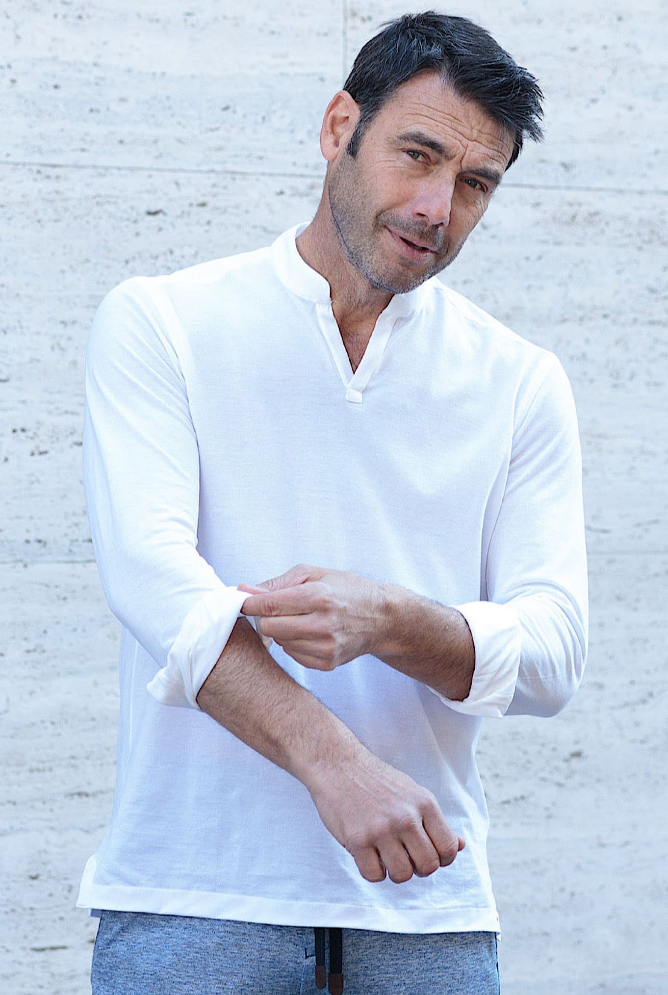 Polo Collo Coreano Manica Lunga Bianco - Guarino Store