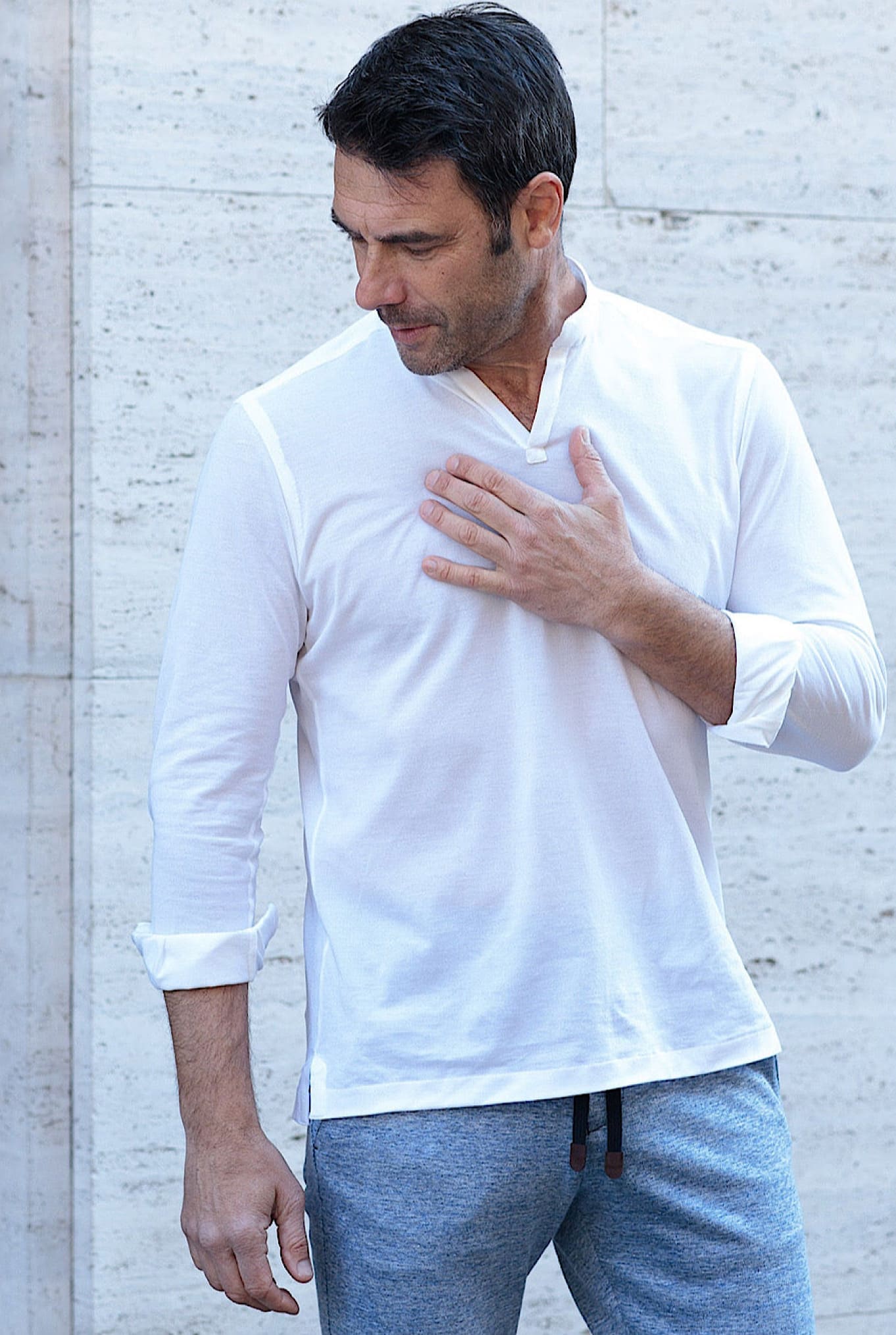 Polo Collo Coreano Manica Lunga Bianco - Guarino Store