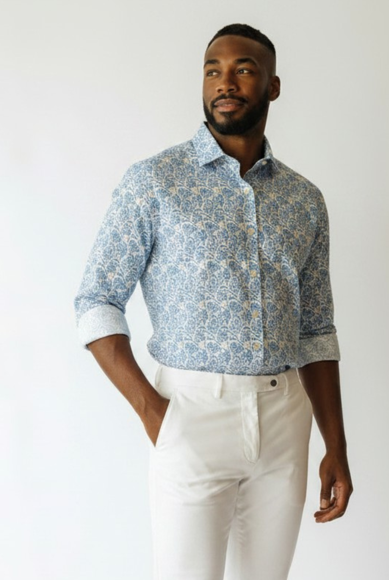 Camicia "Sean" Panamino Voile Cotone Fantasia Blu FEDELI