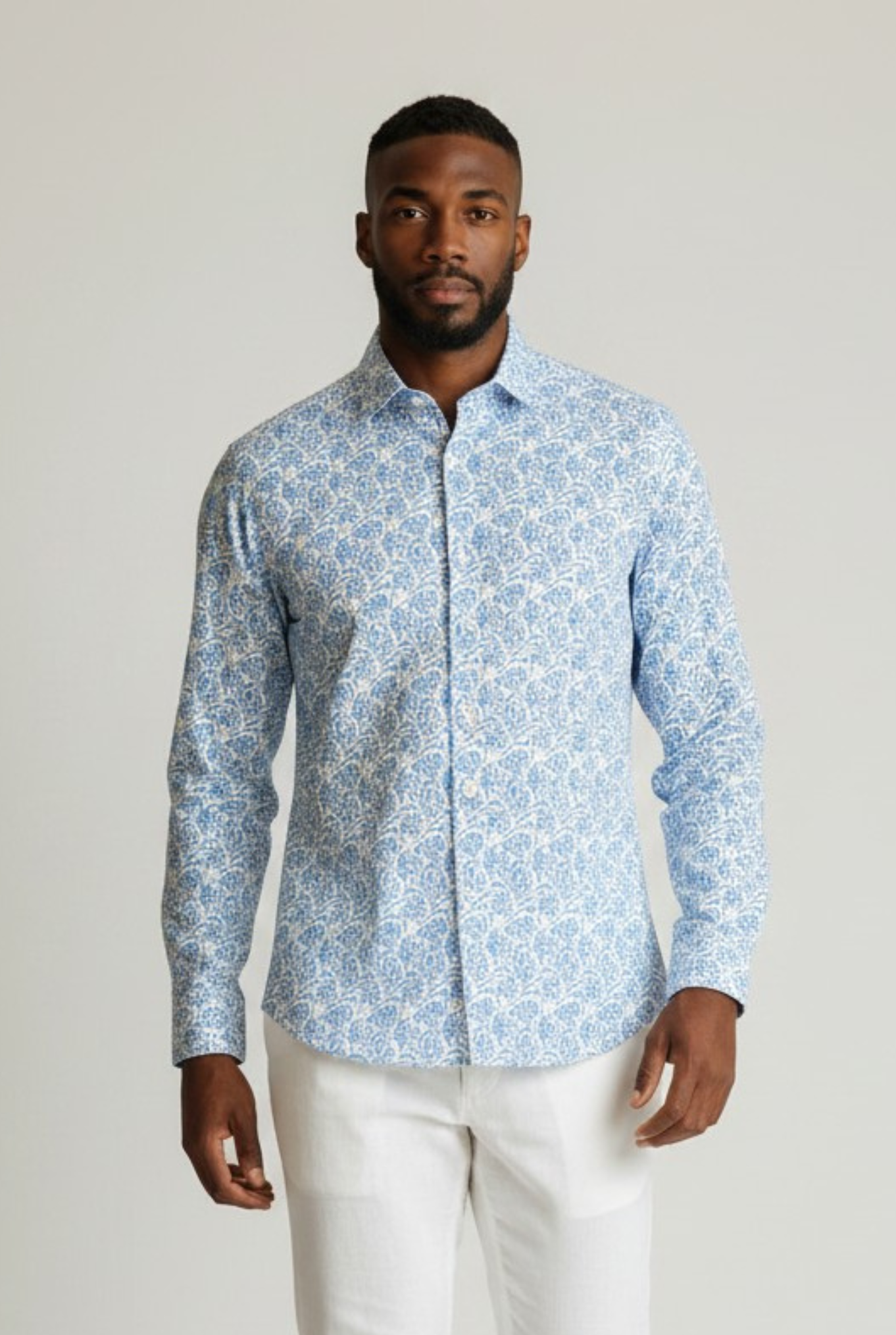 "Sean" Shirt Panamino Voile Cotton Blue Pattern