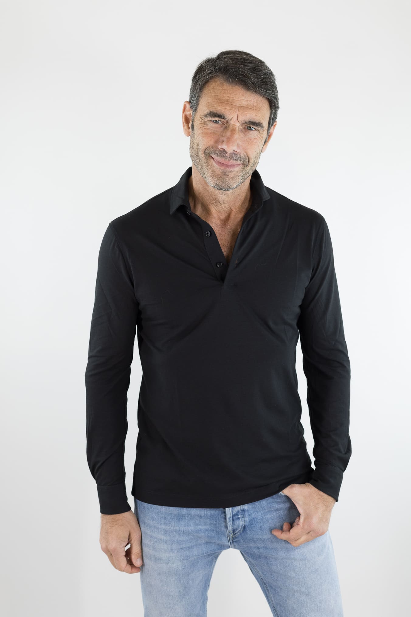 KIRED Polo Maniche Lunghe Cotone Crêpe Nero