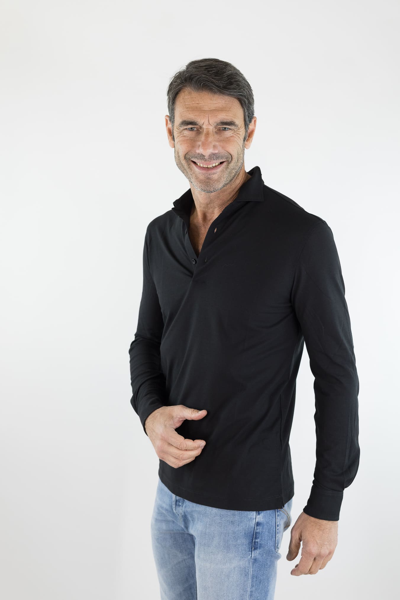 KIRED Polo Maniche Lunghe Cotone Crêpe Nero