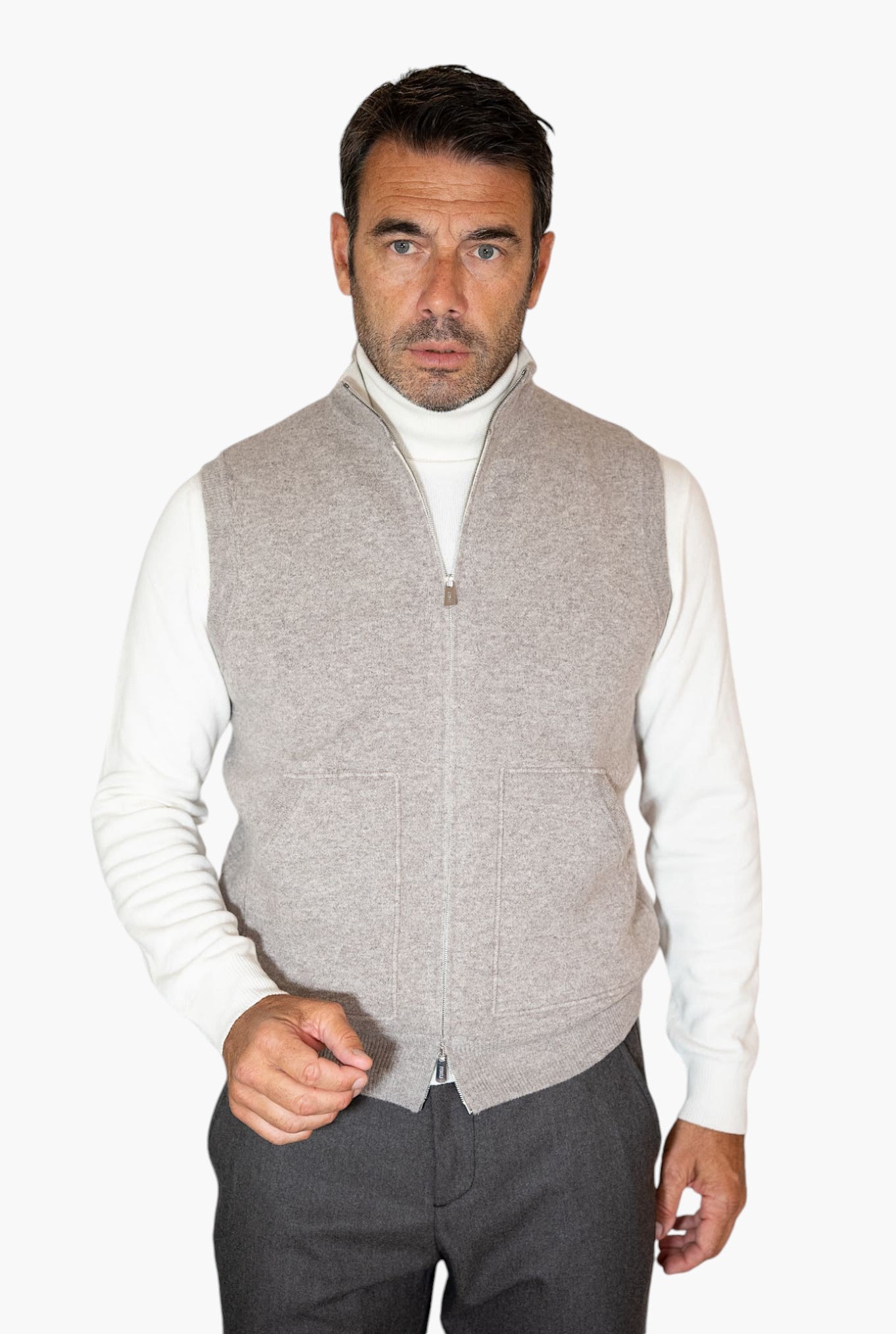 Gilet Cashmere Double Tortora e Bianco - Guarino Store