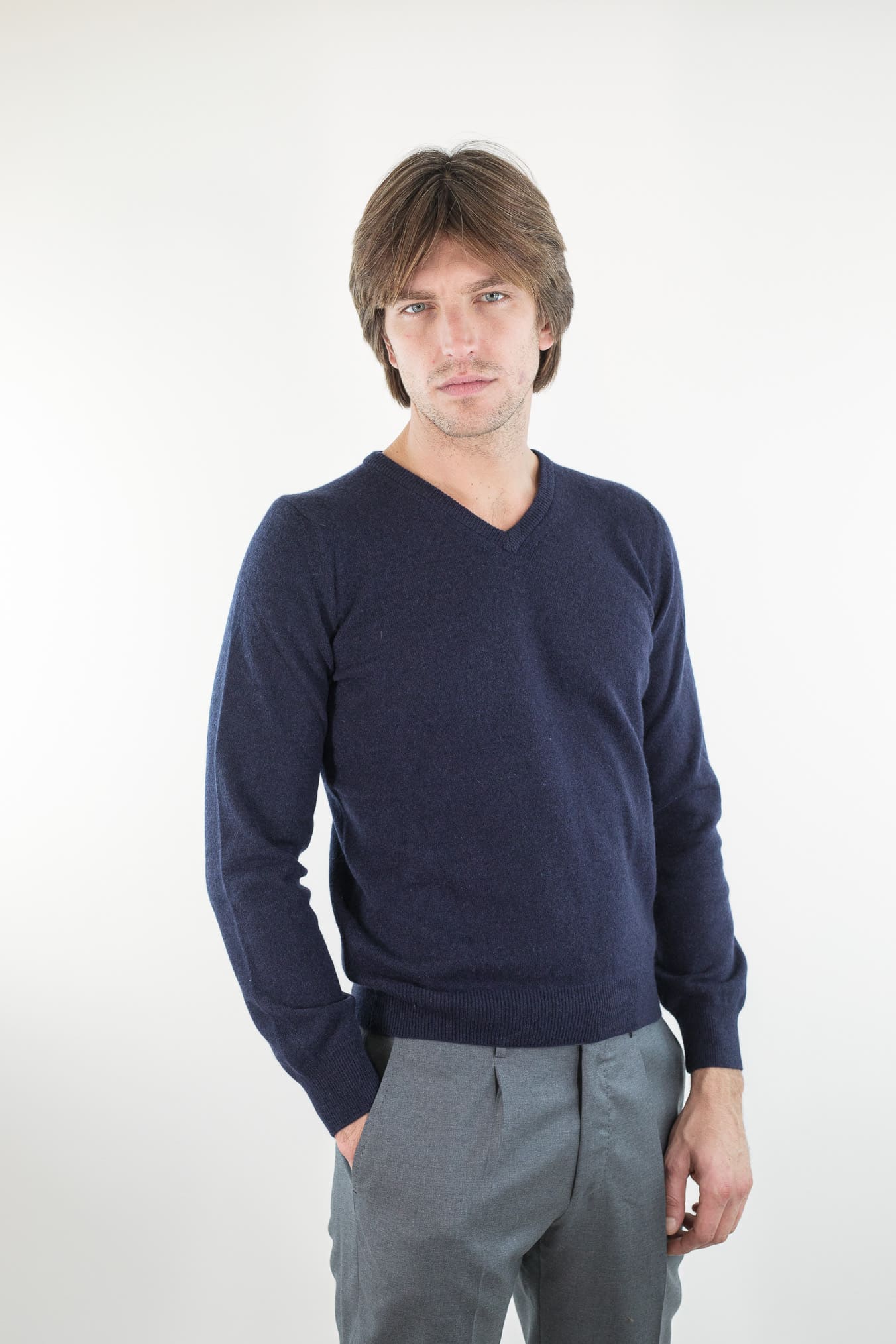 GUARINO Maglia Scollo V Cashmere Blu Navy