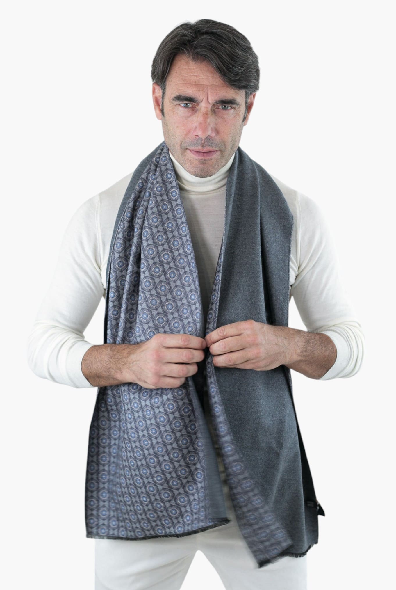 Sciarpa Seta Fantasia Double Face Grigio e Azzurro