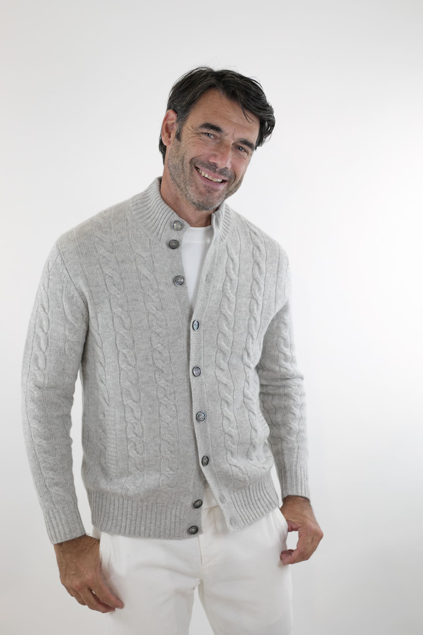Cardigan a Trecce Cashmere Ghiaccio - Guarino Store