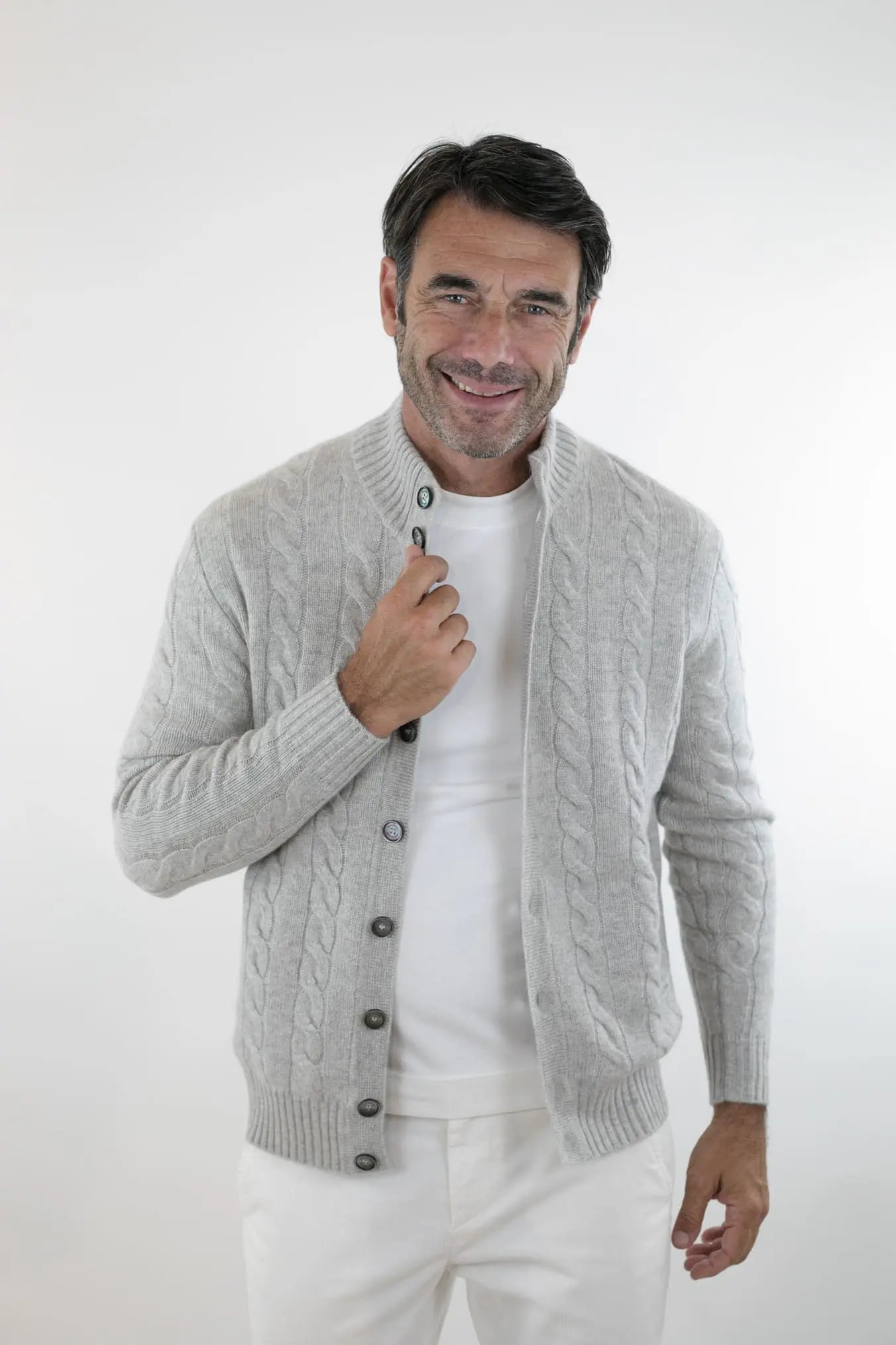 Cardigan a Trecce Cashmere Ghiaccio - Guarino Store