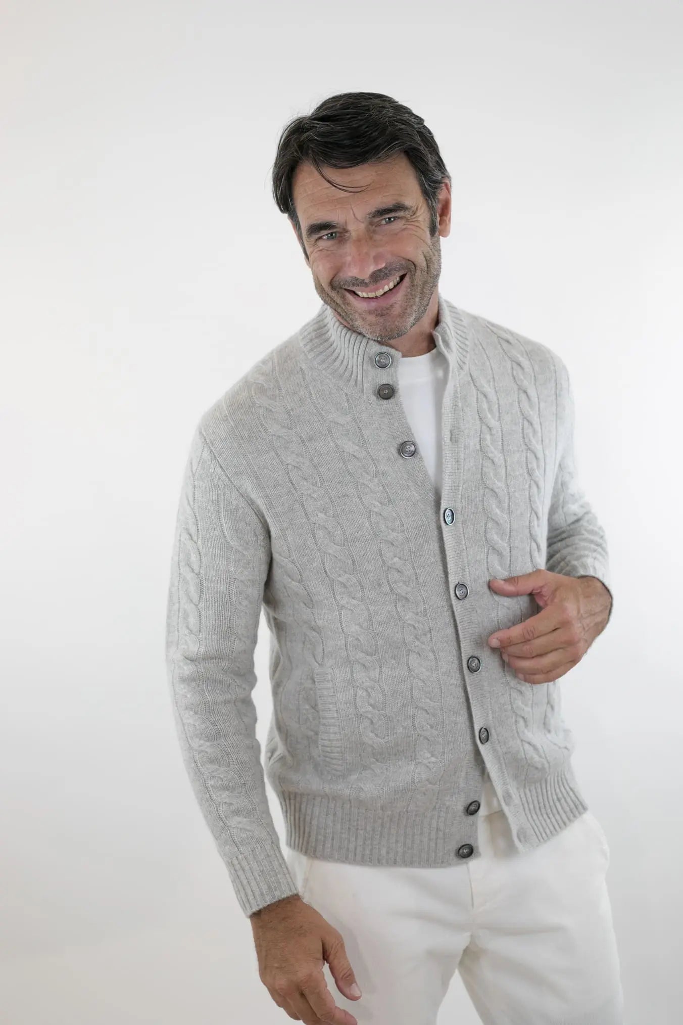 Cardigan a Trecce Cashmere Ghiaccio - Guarino Store