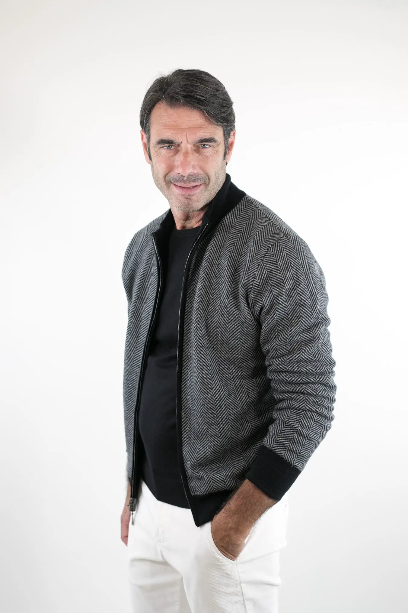 Pullover Reversibile Full Zip Nero/Grigio Chevron - Guarino Store