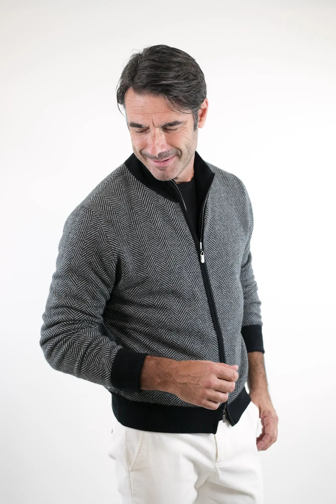 Pullover Reversibile Full Zip Nero/Grigio Chevron - Guarino Store