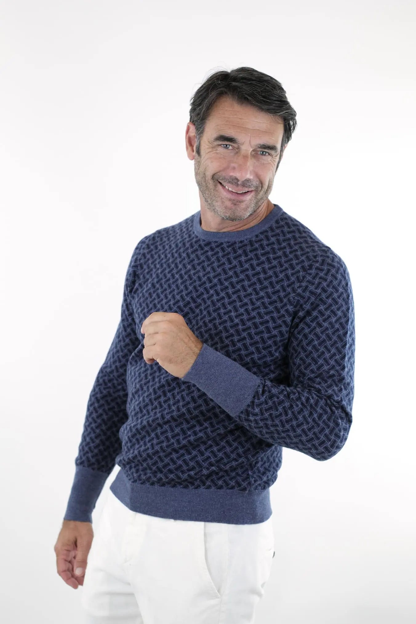 Girocollo Jacquard Cashmere Blu - Guarino Store