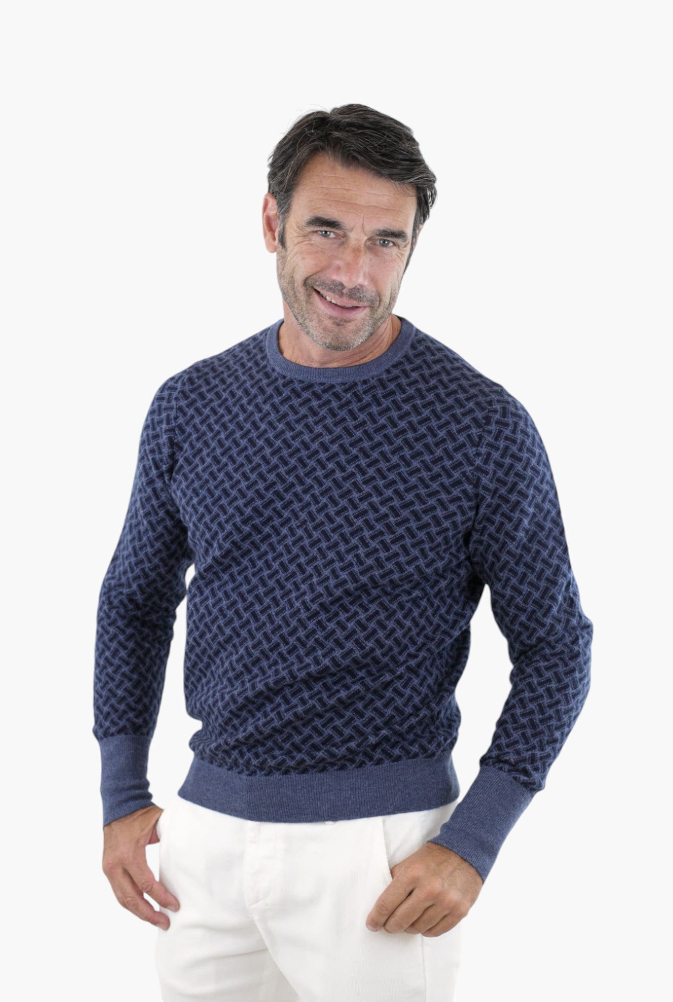 Girocollo Jacquard Cashmere Blu - Guarino Store