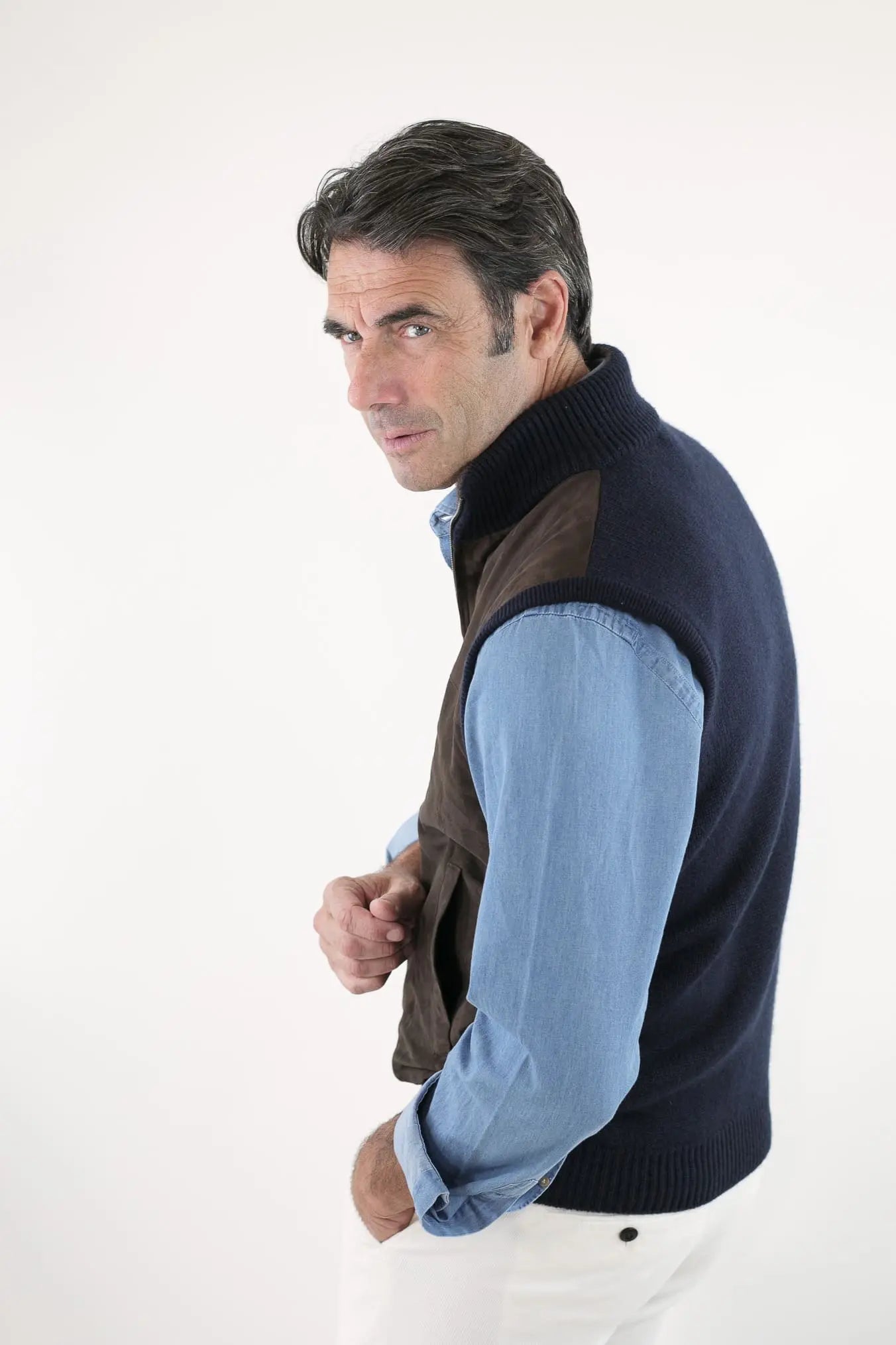 Gilet Cashmere e Suede Testa di Moro/Blu - Guarino Store