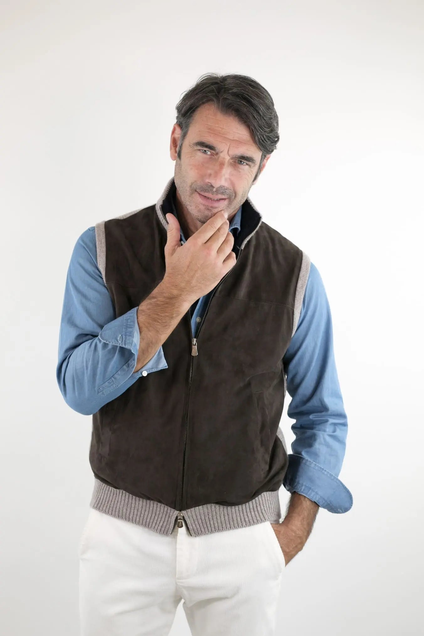 Gilet Cashmere e Suede Testa di Moro/Beige - Guarino Store