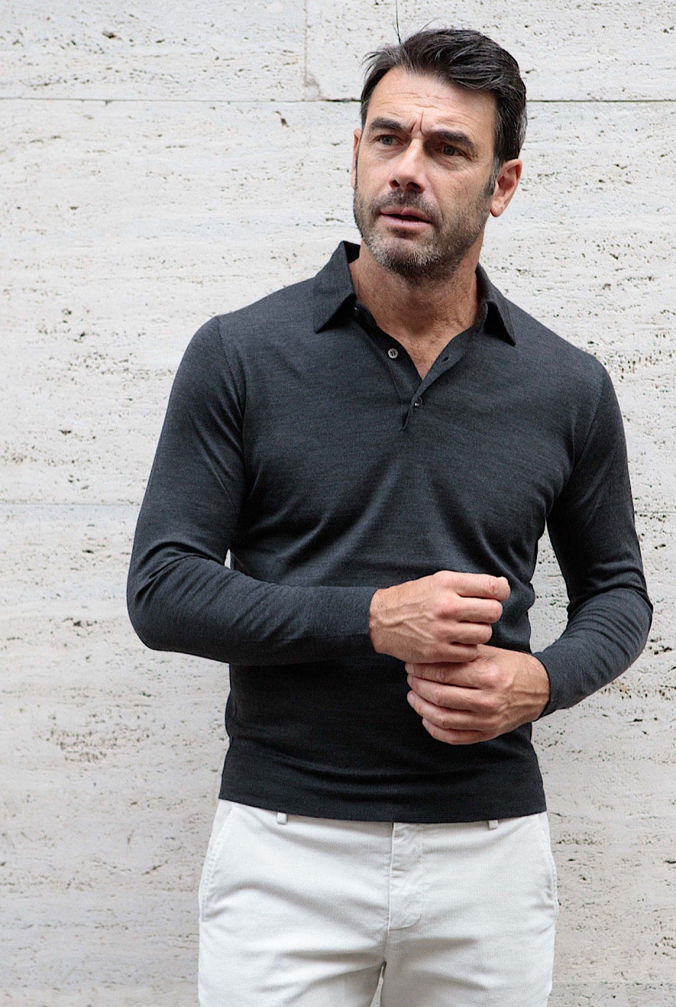 Polo Cashmere e Seta Manica Lunga Grigio Scuro - Guarino Store