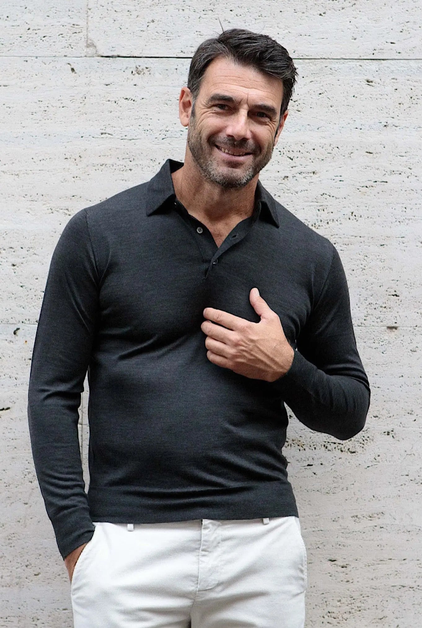 Polo Cashmere e Seta Manica Lunga Grigio Scuro - Guarino Store