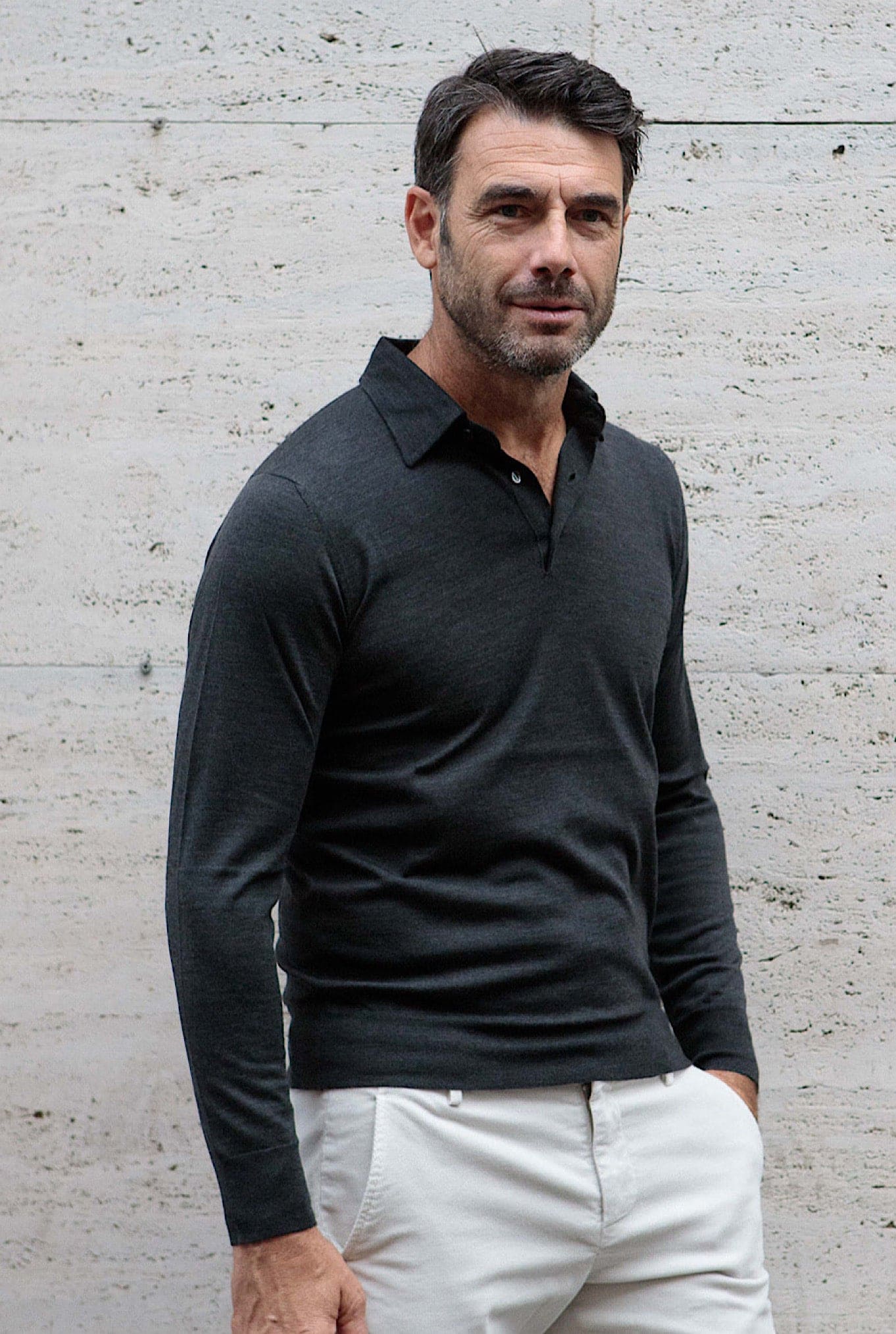 Polo Cashmere e Seta Manica Lunga Grigio Scuro - Guarino Store