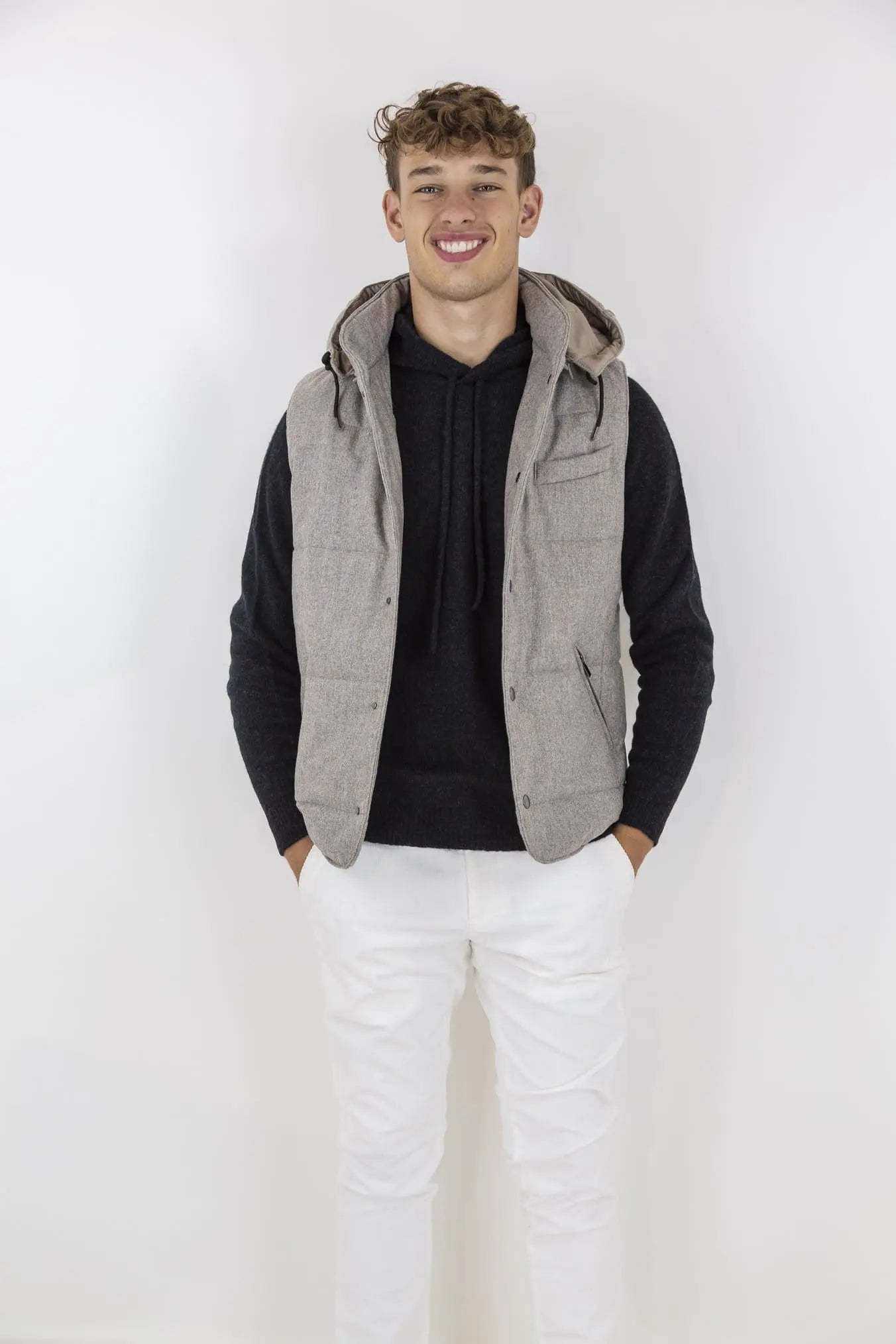 Gilet di Lana con Cappuccio Staccabile Beige - Guarino Store