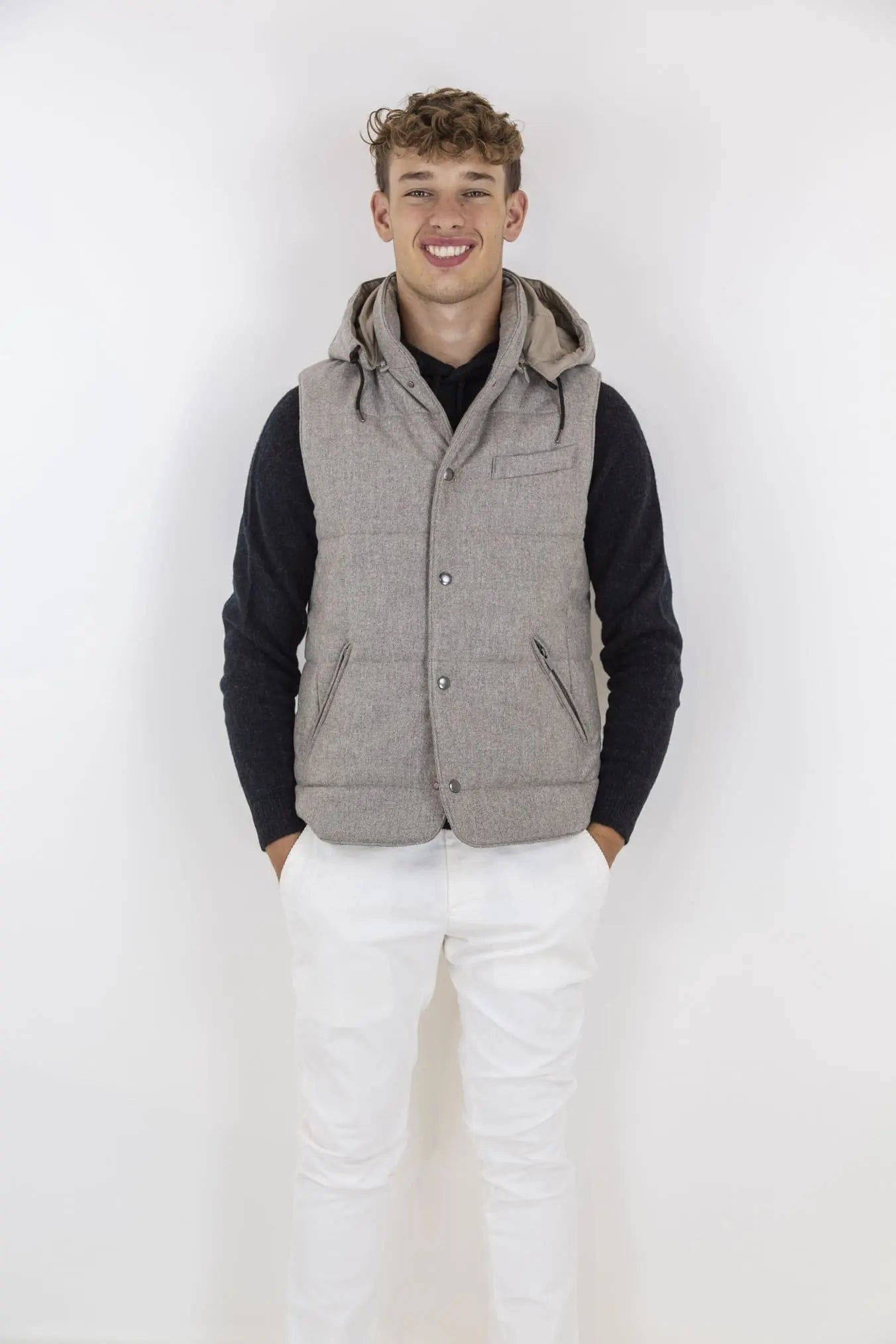 Gilet di Lana con Cappuccio Staccabile Beige - Guarino Store