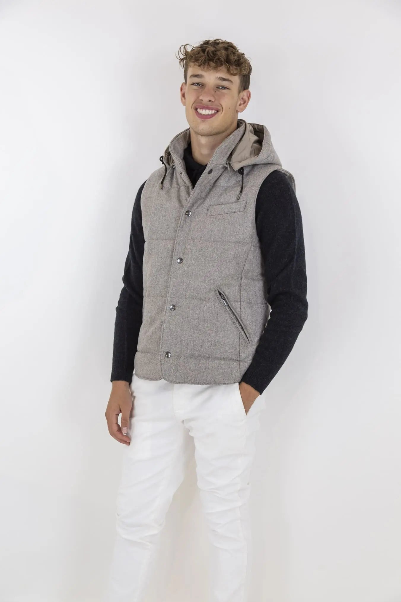 Gilet di Lana con Cappuccio Staccabile Beige - Guarino Store