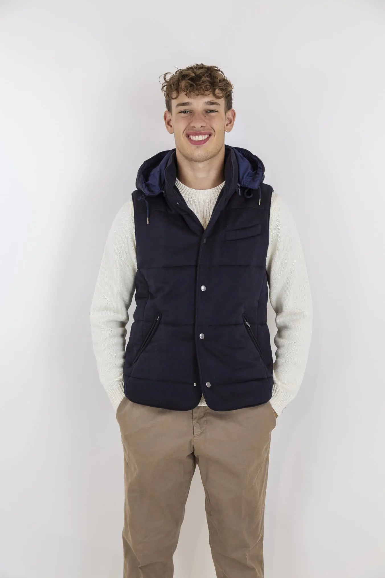 Gilet di Lana con Cappuccio Staccabile Blu - Guarino Store