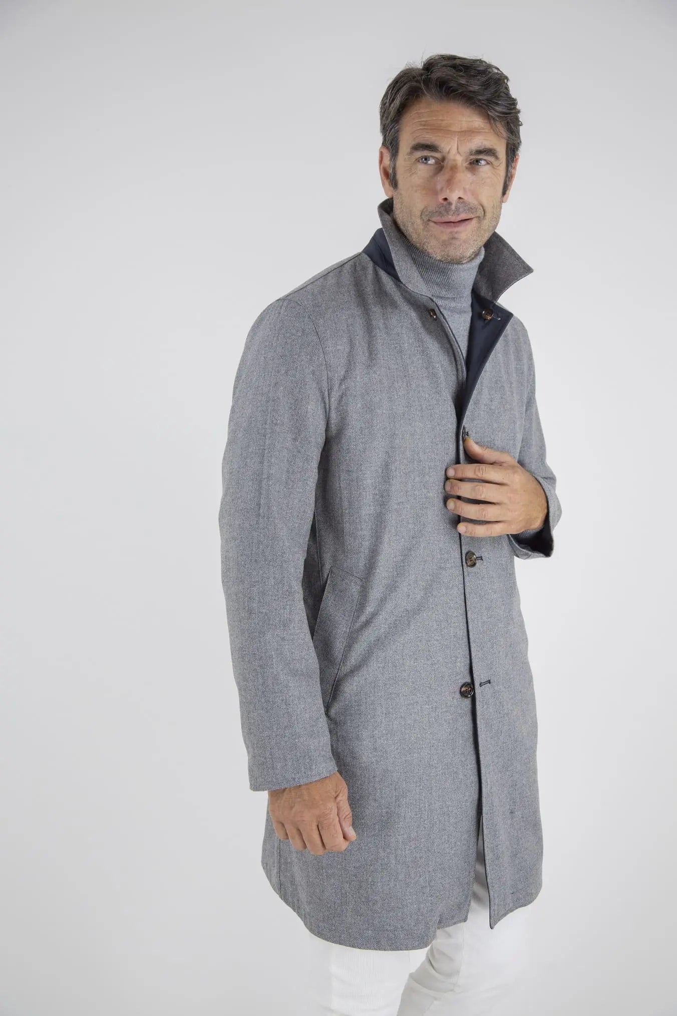 Cappotto Reversibile Lana Nylon Blu/Spigato Grigio - Guarino Store