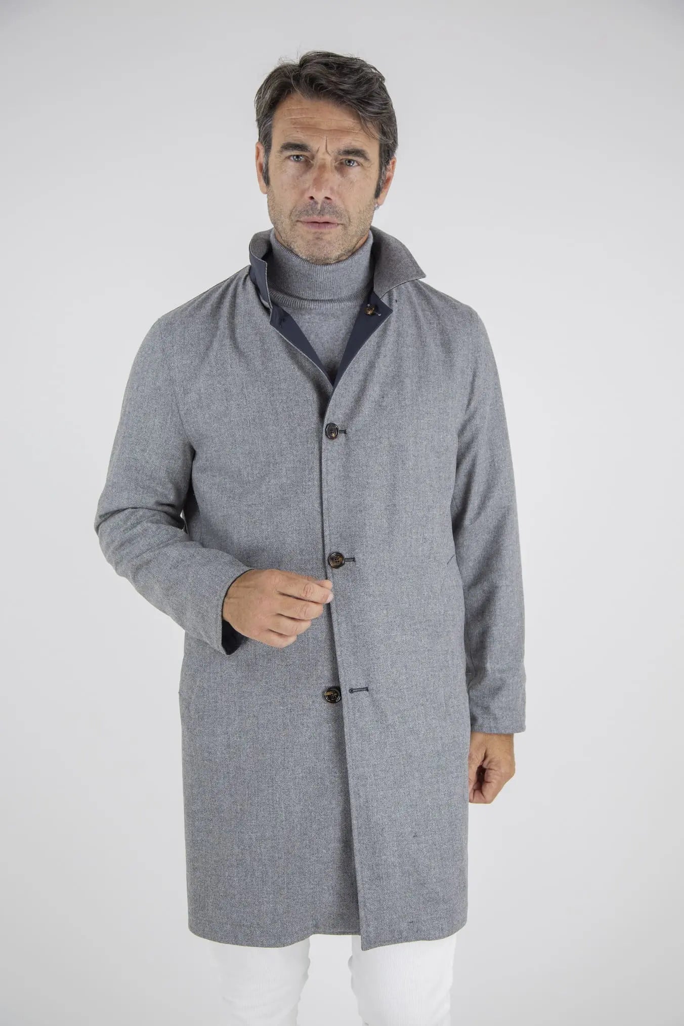 Cappotto Reversibile Lana Nylon Blu/Spigato Grigio - Guarino Store