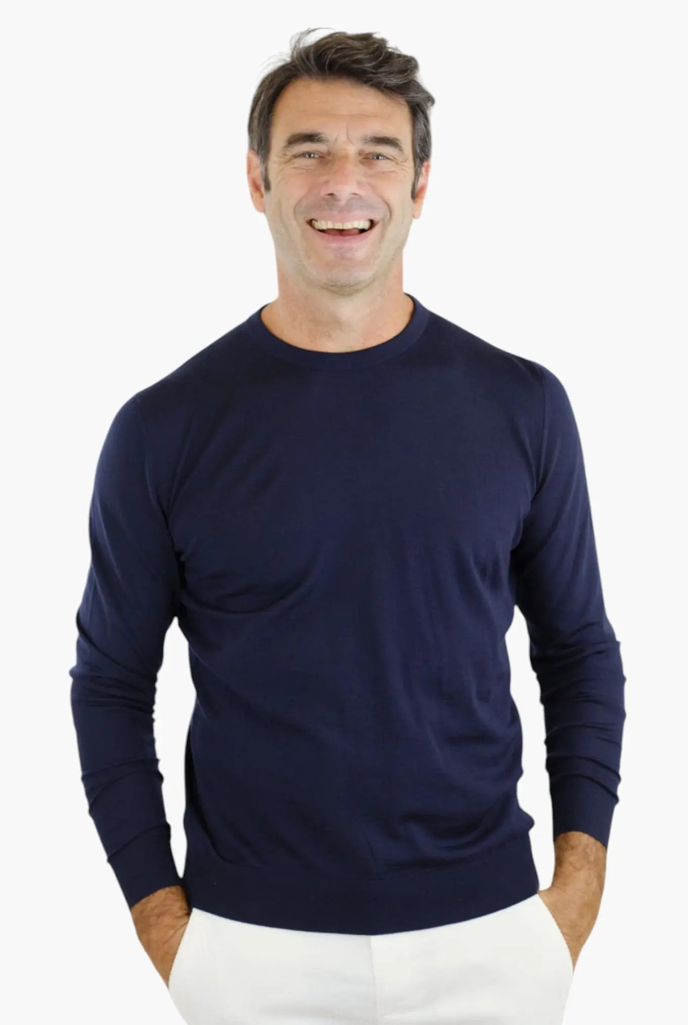 Maglia Girocollo Lana 14 micron Blu Scuro - Guarino Store