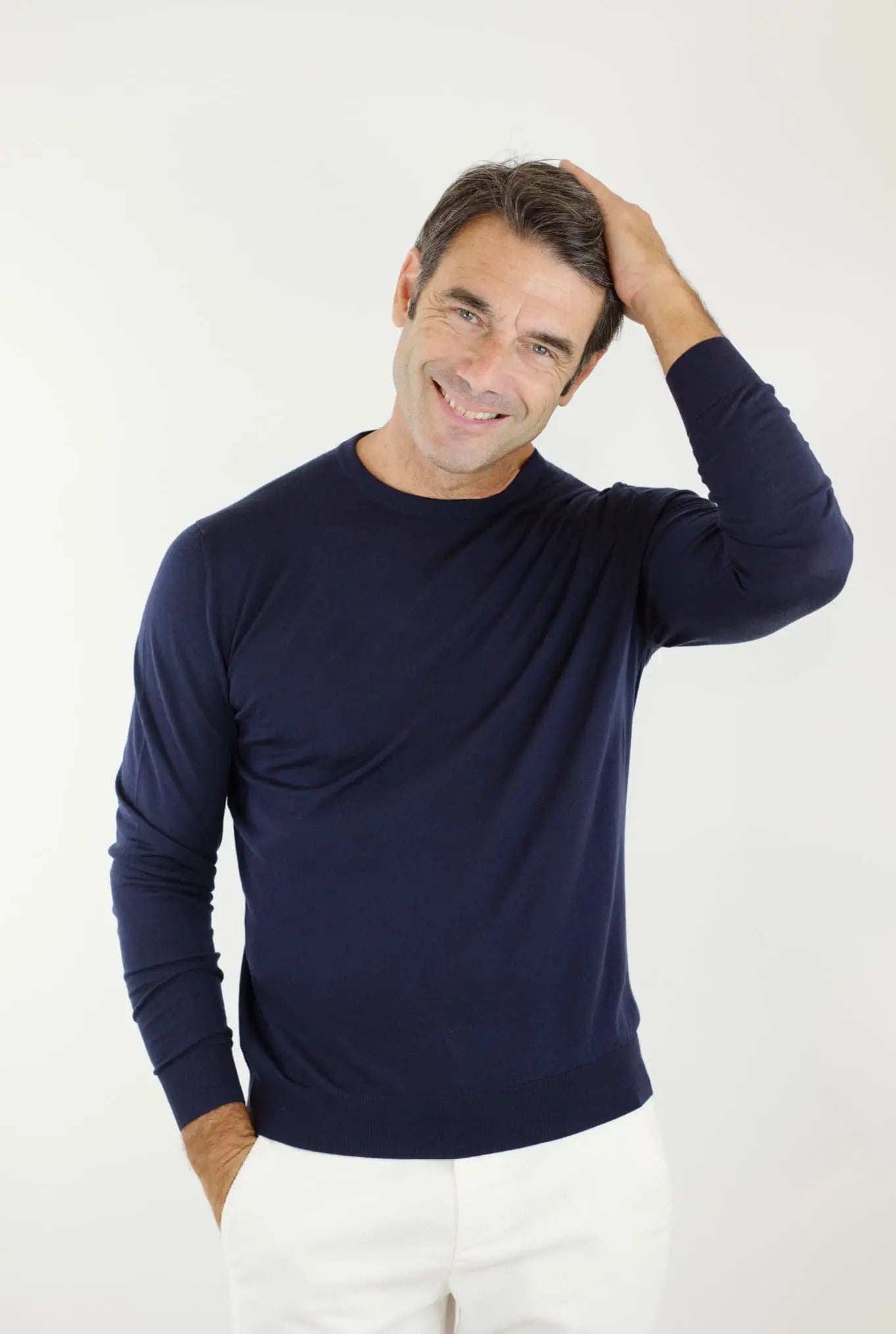 Maglia Girocollo Lana 14 micron Blu Scuro - Guarino Store