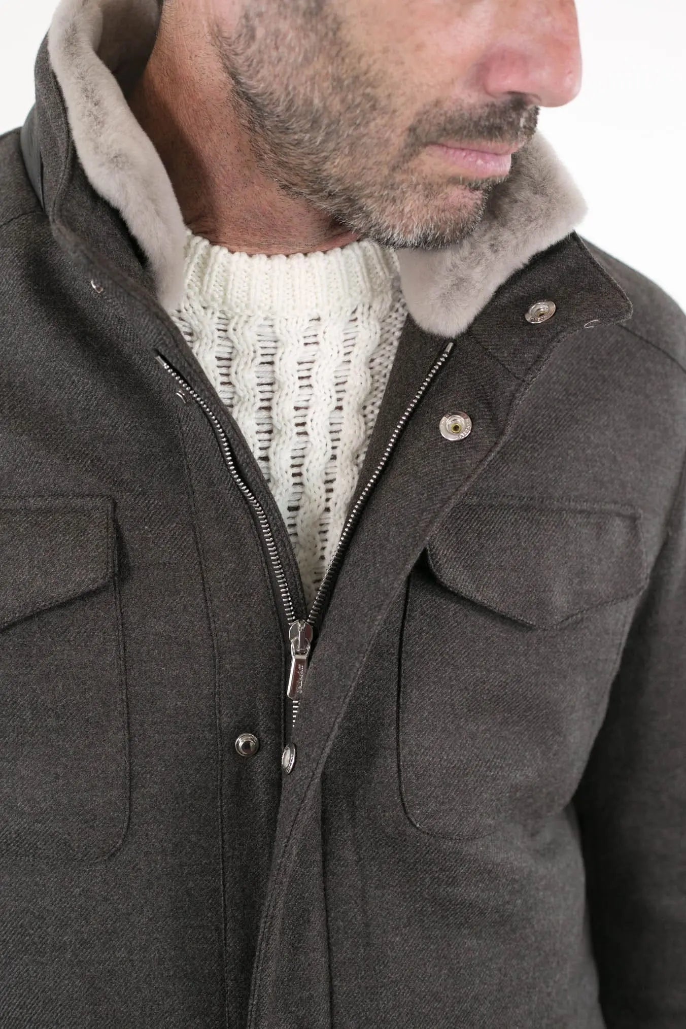 Field Jacket Lana Cashmere Tessuto Loro Piana Collo Visone Marrone - Guarino Store