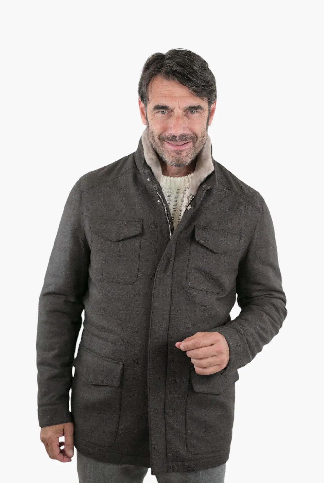 Field Jacket Lana Cashmere Tessuto Loro Piana Collo Visone Marrone - Guarino Store