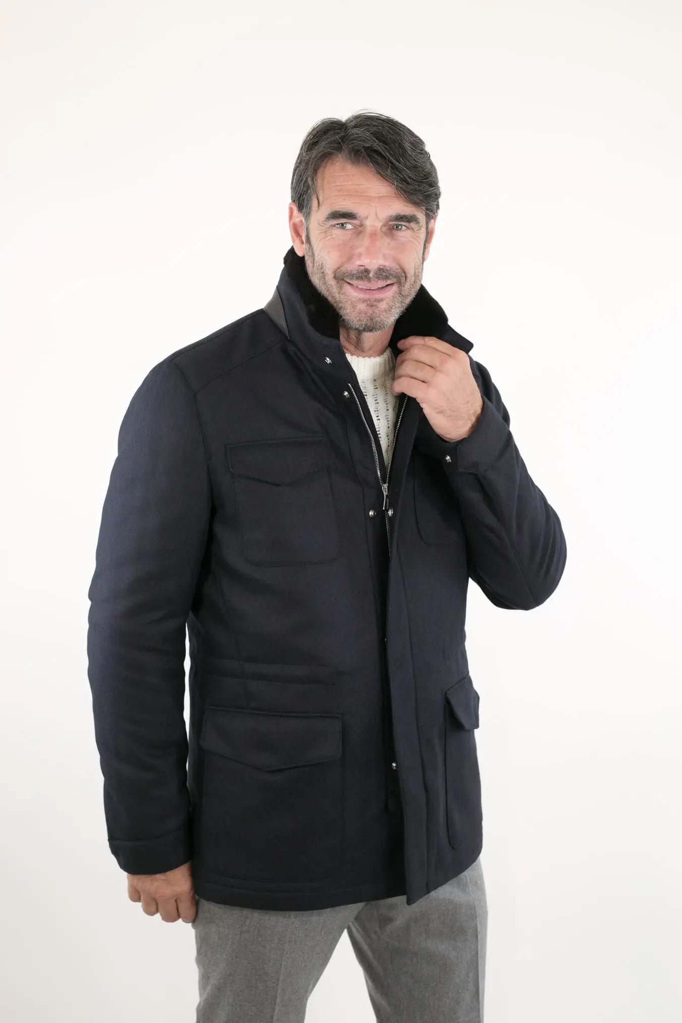 Field Jacket Lana Cashmere Tessuto Loro Piana Collo Visone Blu Scuro - Guarino Store