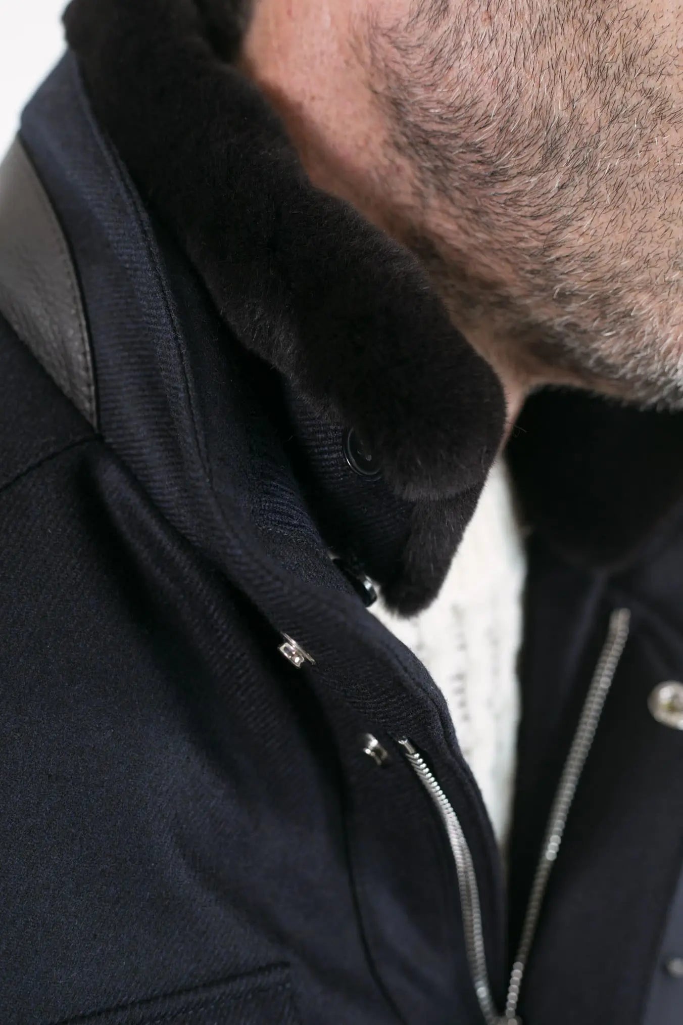 Field Jacket Lana Cashmere Tessuto Loro Piana Collo Visone Blu Scuro - Guarino Store