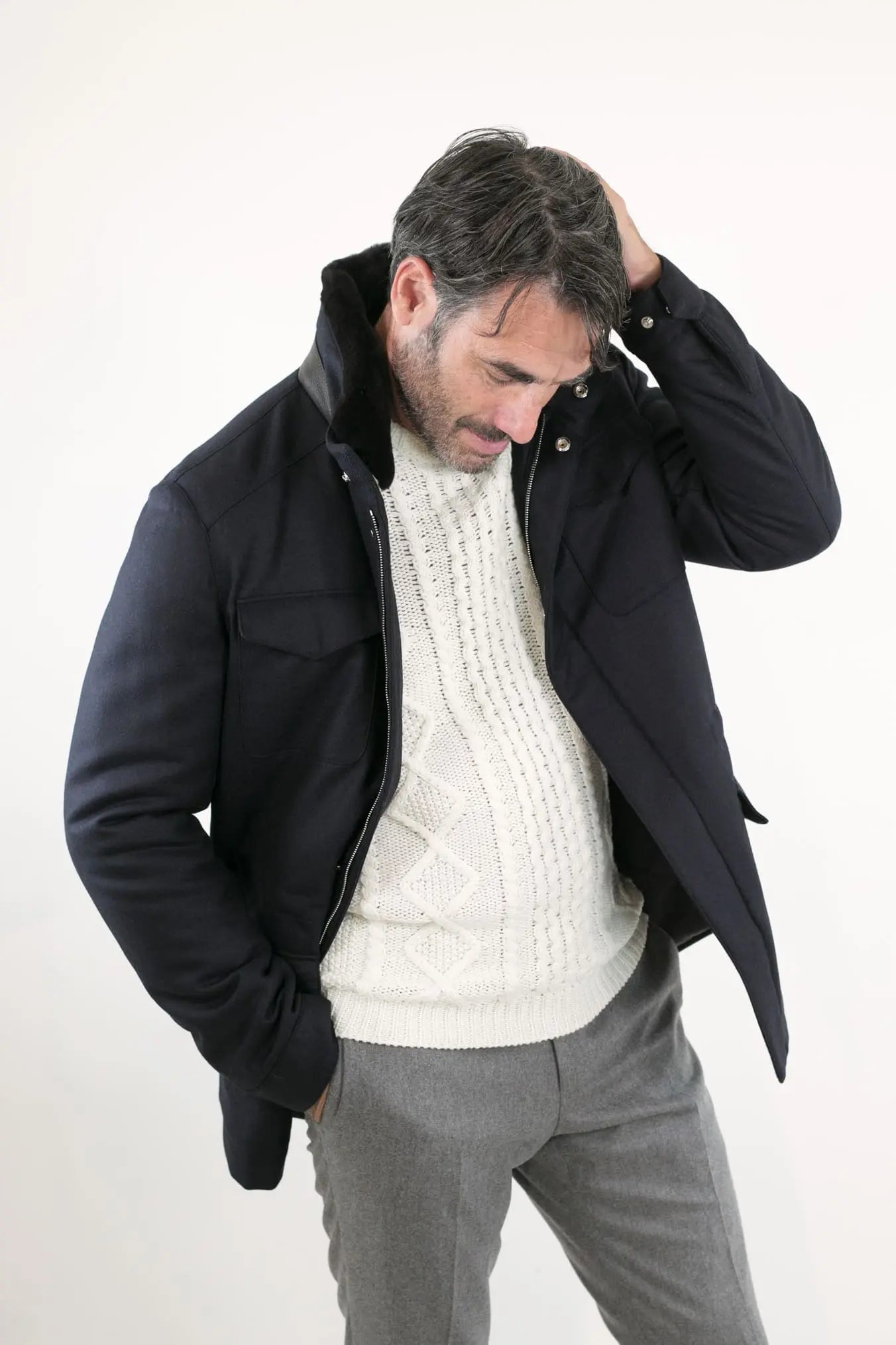 Field Jacket Lana Cashmere Tessuto Loro Piana Collo Visone Blu Scuro - Guarino Store
