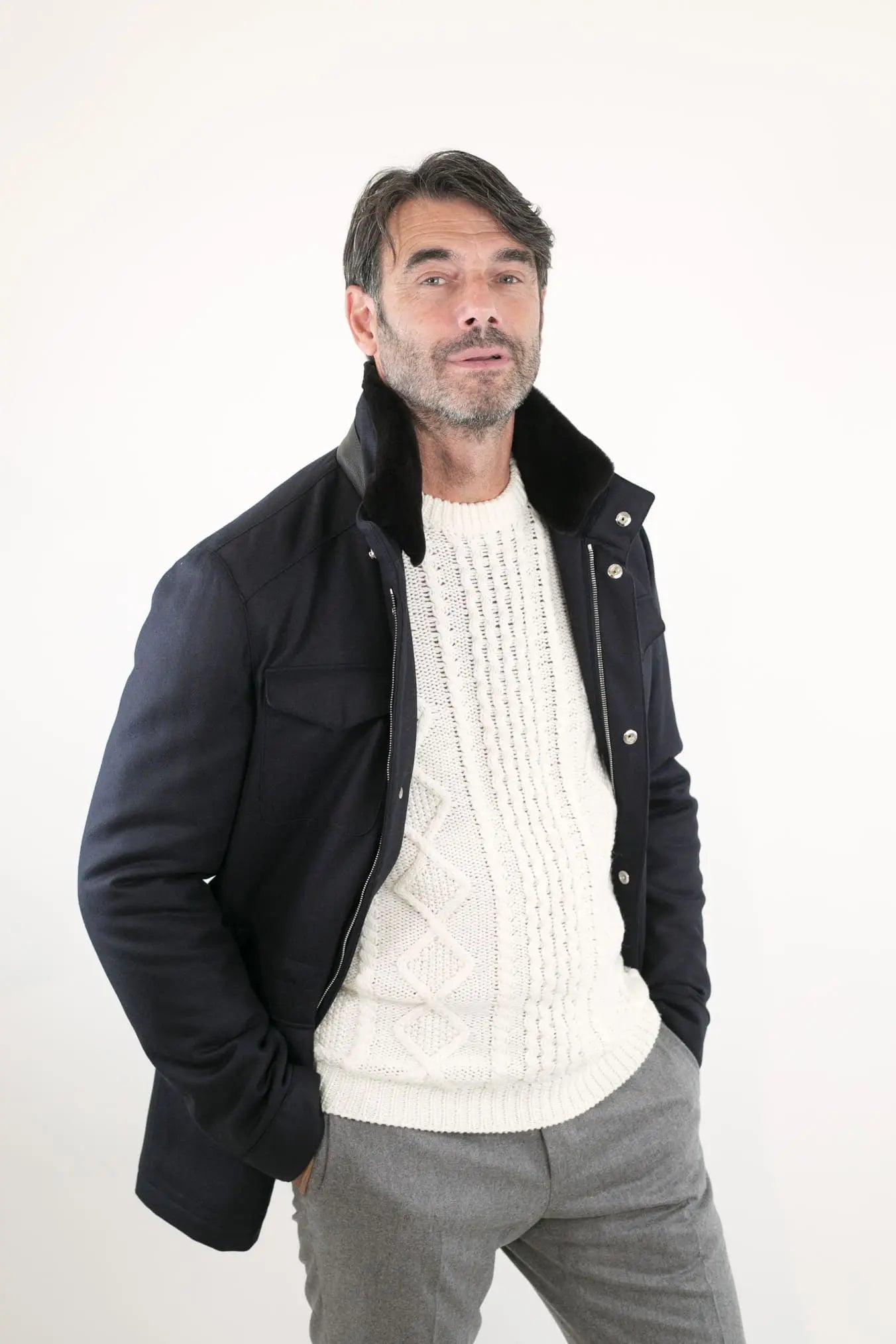 Field Jacket Lana Cashmere Tessuto Loro Piana Collo Visone Blu Scuro - Guarino Store
