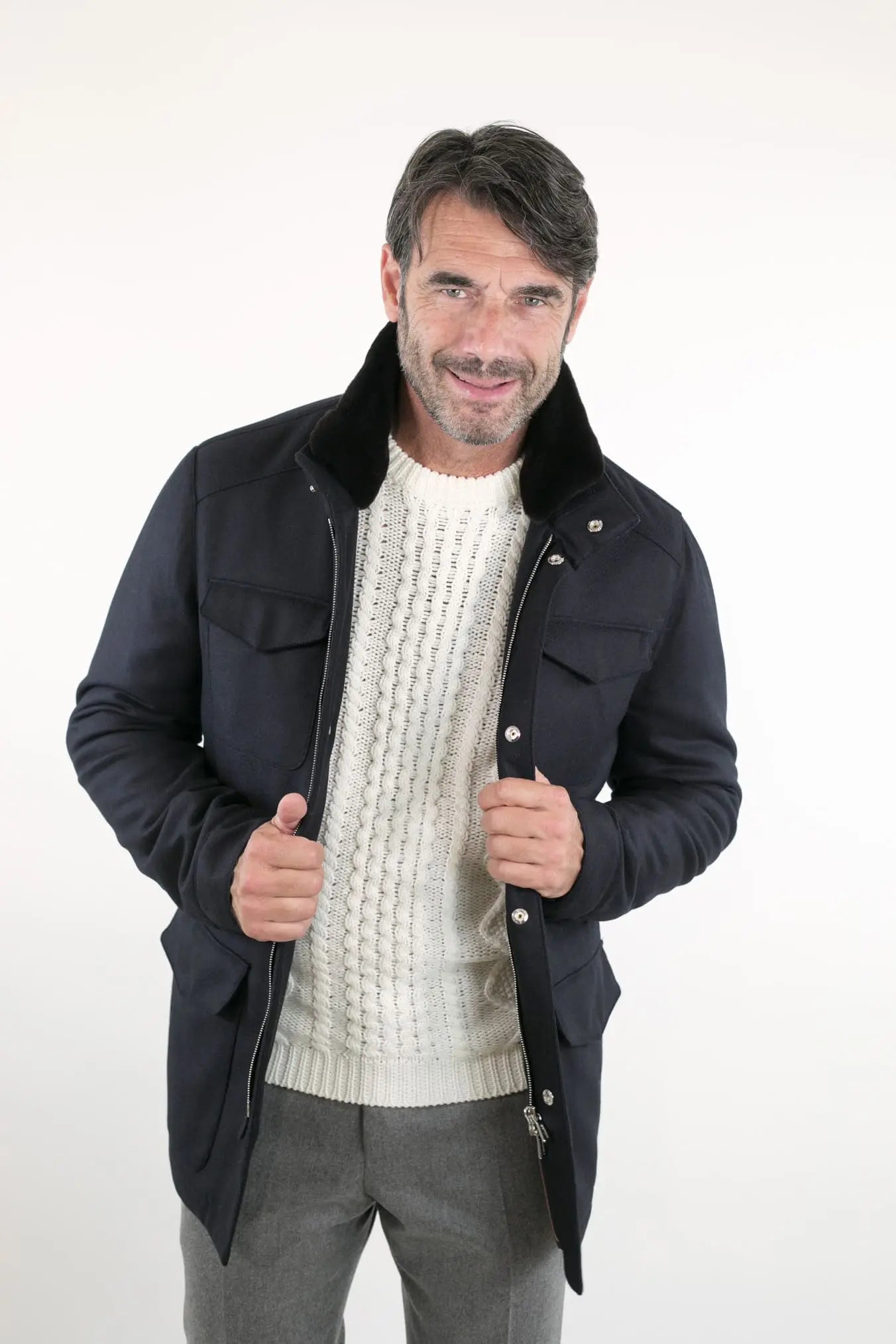 Field Jacket Lana Cashmere Tessuto Loro Piana Collo Visone Blu Scuro - Guarino Store