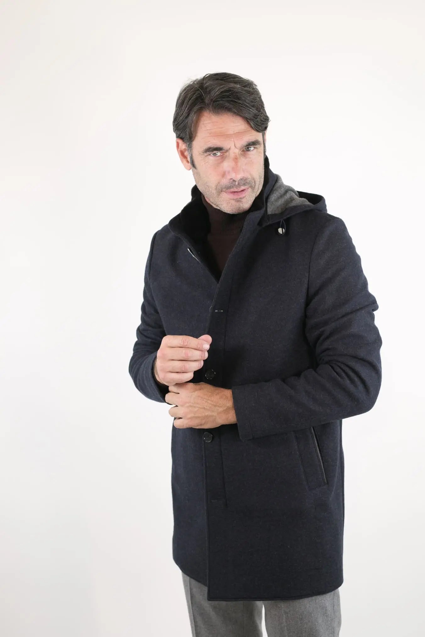 Cappotto in Jersey di Cashmere Cappuccio Removibile Blu - Guarino Store
