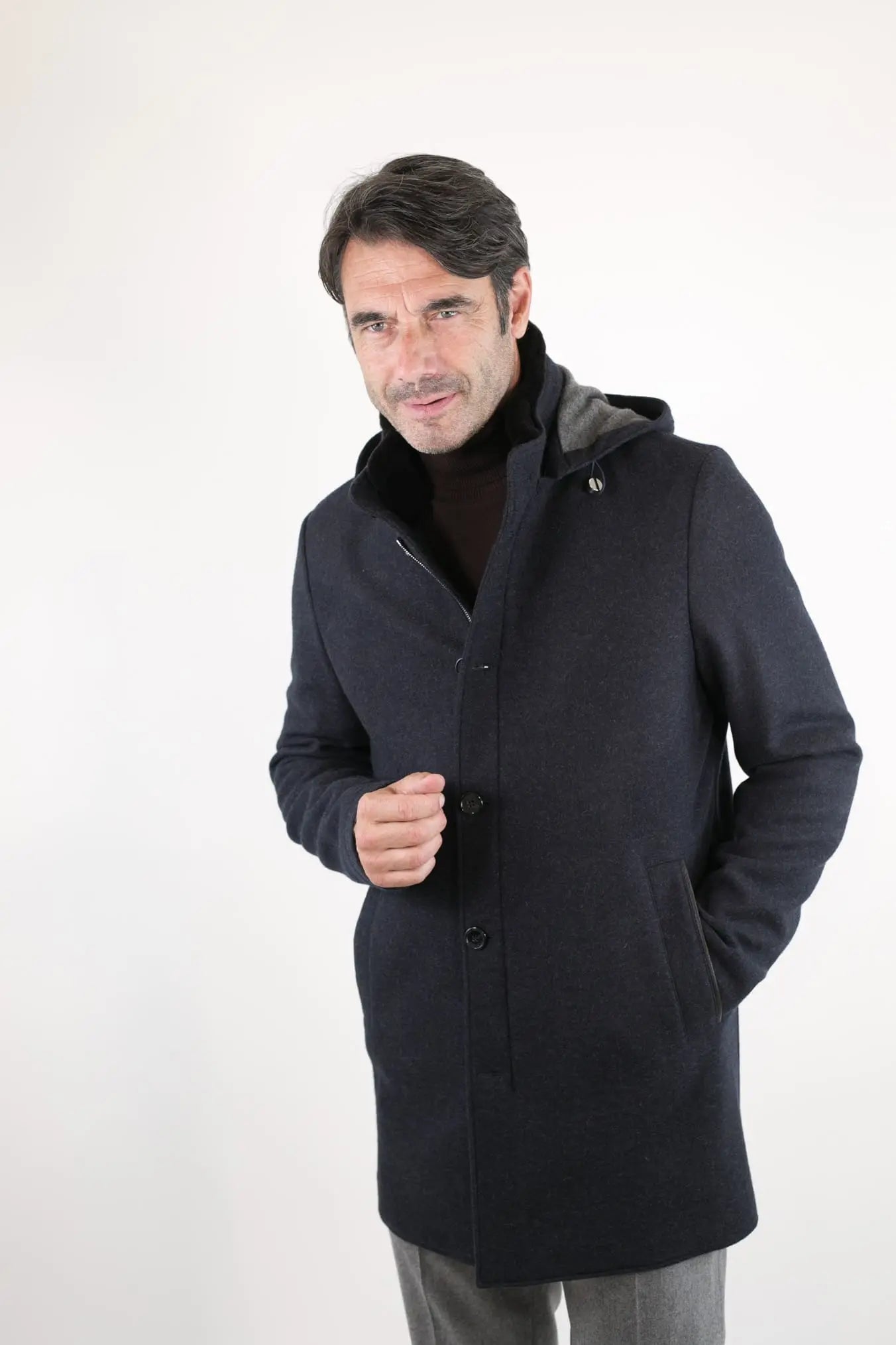Cappotto in Jersey di Cashmere Cappuccio Removibile Blu - Guarino Store