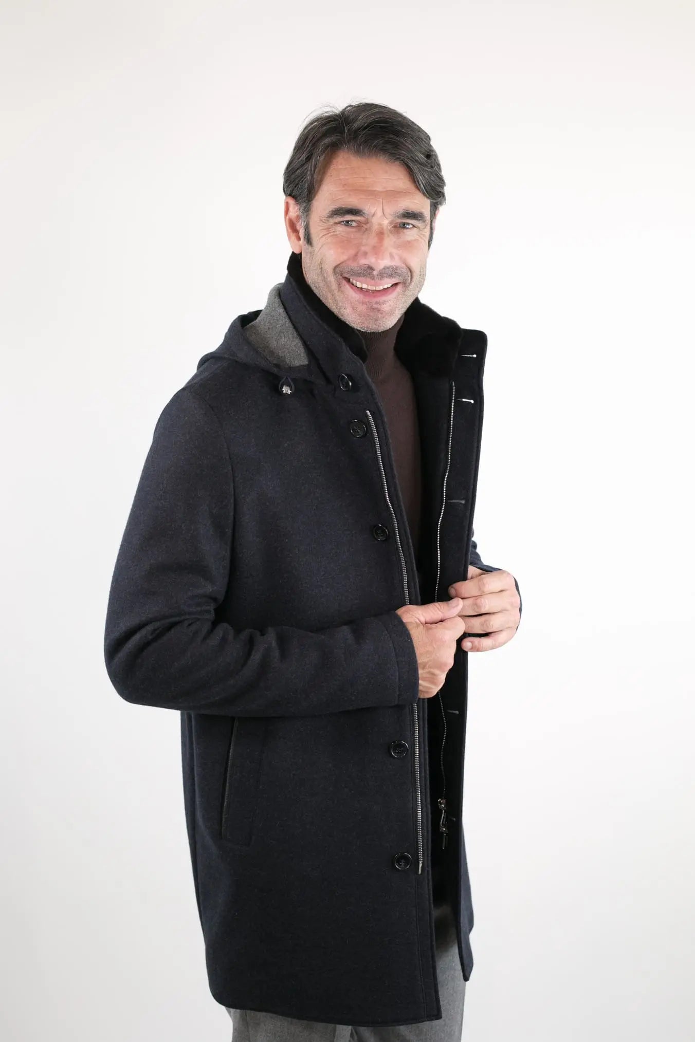 Cappotto in Jersey di Cashmere Cappuccio Removibile Blu - Guarino Store
