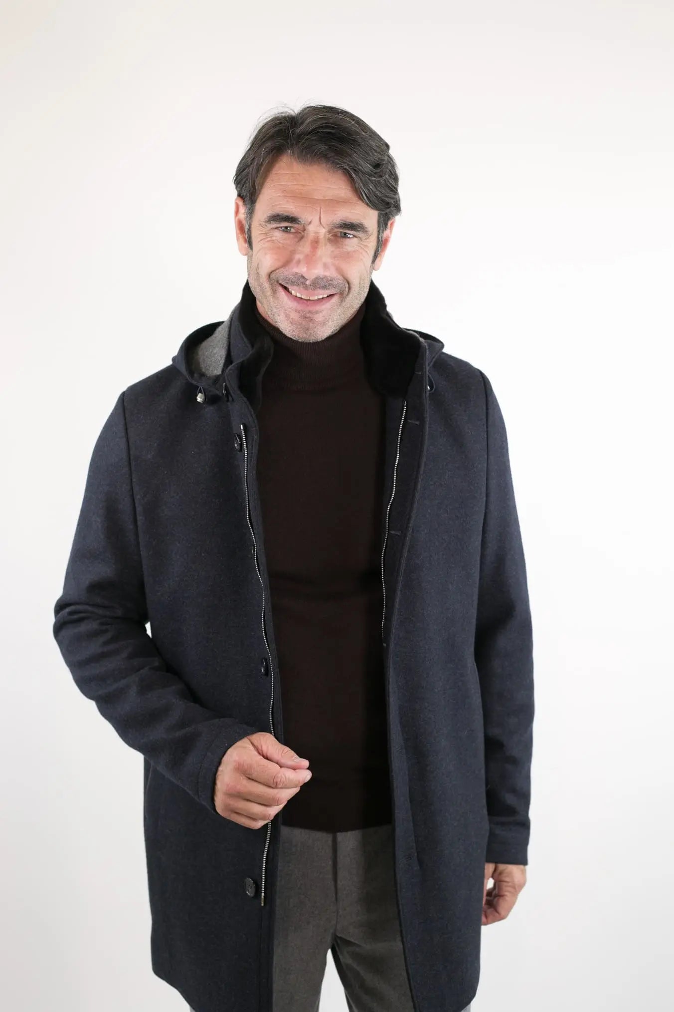 Cappotto in Jersey di Cashmere Cappuccio Removibile Blu - Guarino Store
