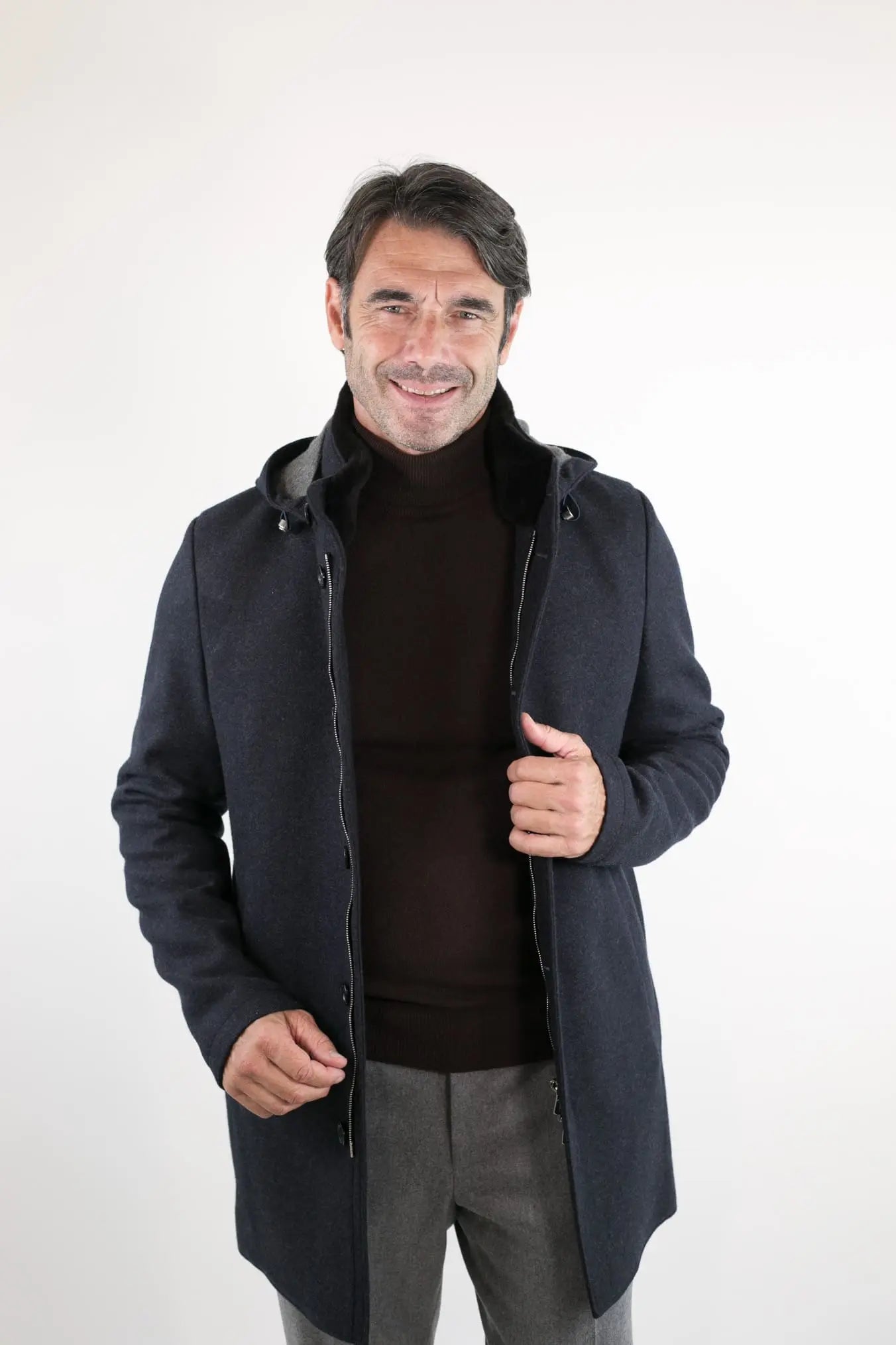 Cappotto in Jersey di Cashmere Cappuccio Removibile Blu - Guarino Store