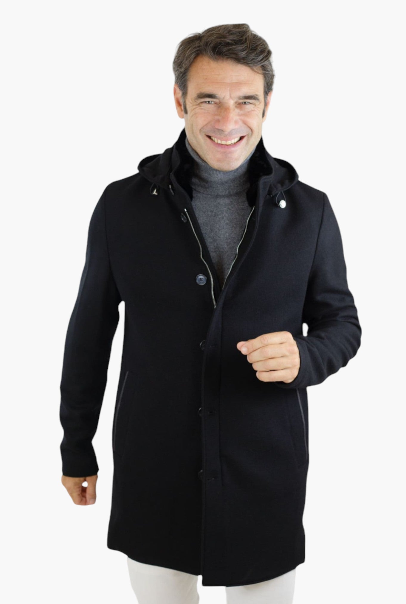 Cappotto in Jersey di Cashmere Cappuccio Removibile Nero - Guarino Store